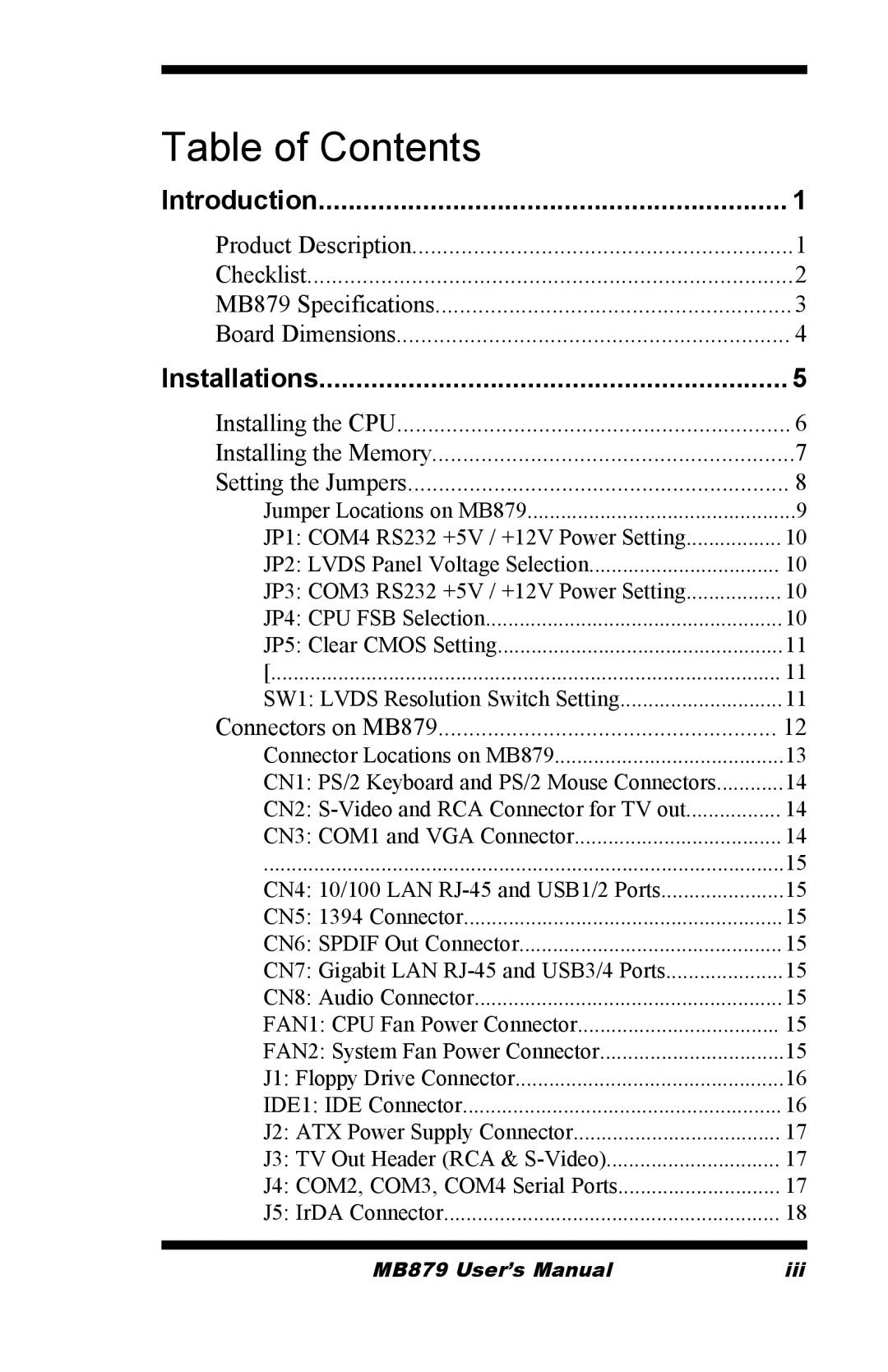 Intel MB879 user manual Table of Contents 