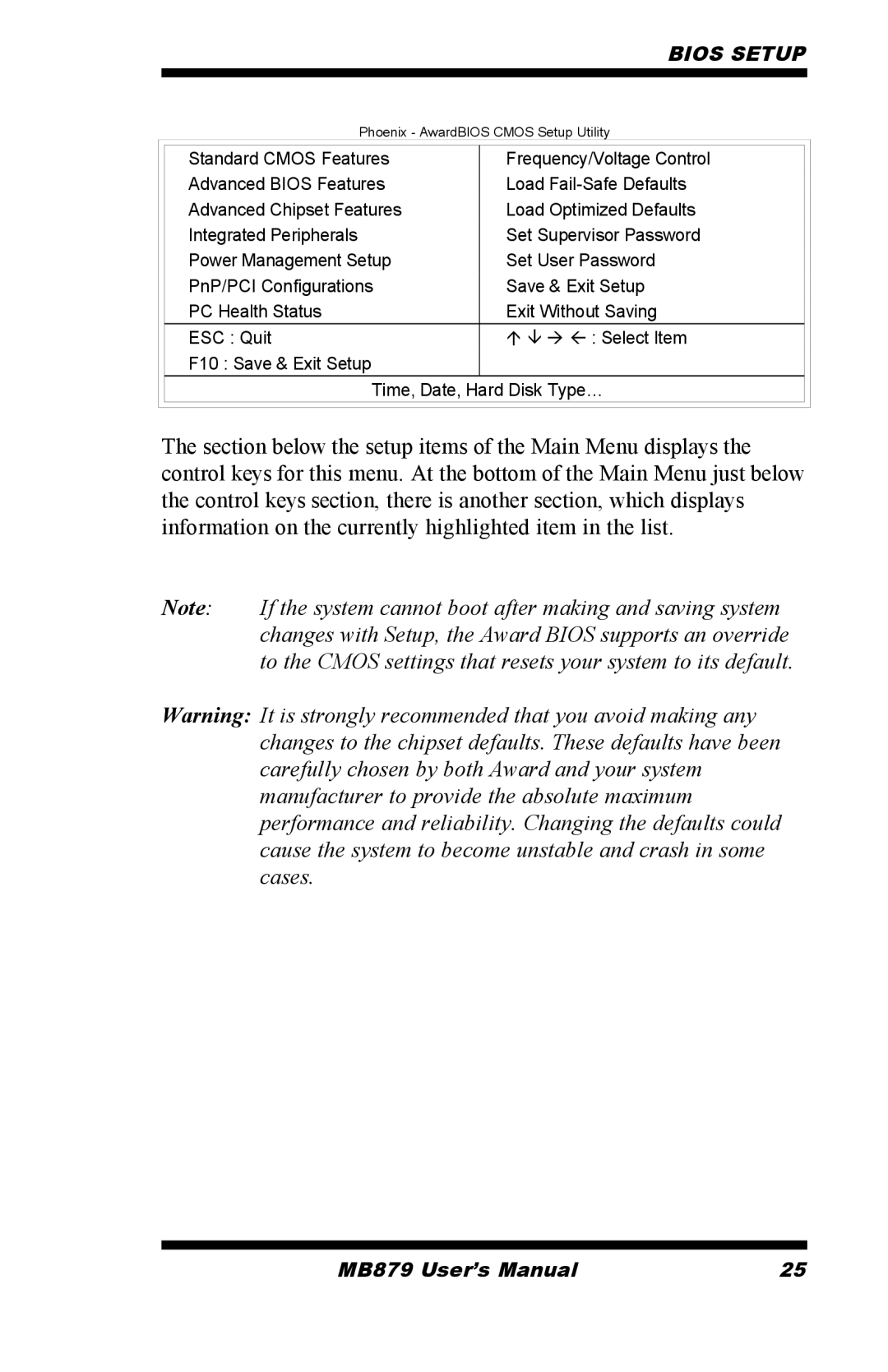 Intel MB879 user manual Phoenix AwardBIOS Cmos Setup Utility 