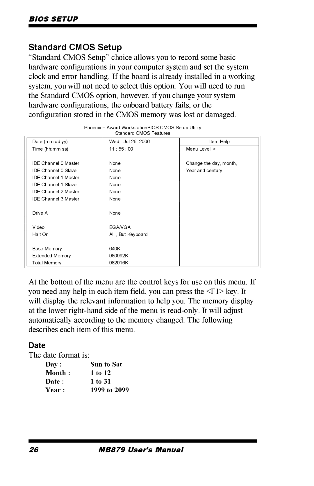 Intel MB879 user manual Standard Cmos Setup, Date 