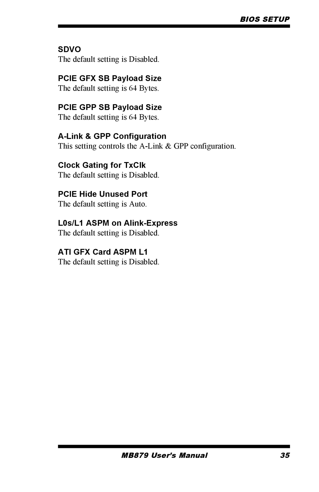 Intel MB879 Pcie GFX SB Payload Size, Pcie GPP SB Payload Size, Link & GPP Configuration, Clock Gating for TxClk 