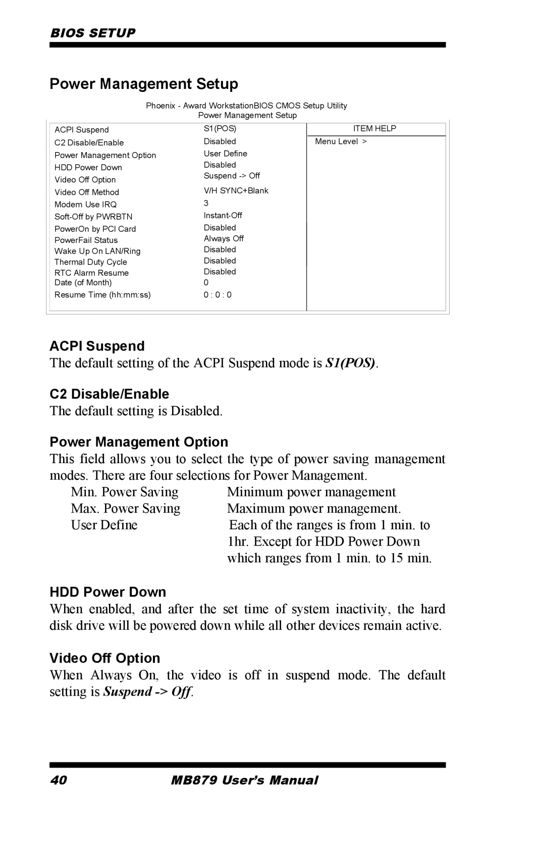 Intel MB879 user manual Power Management Setup 