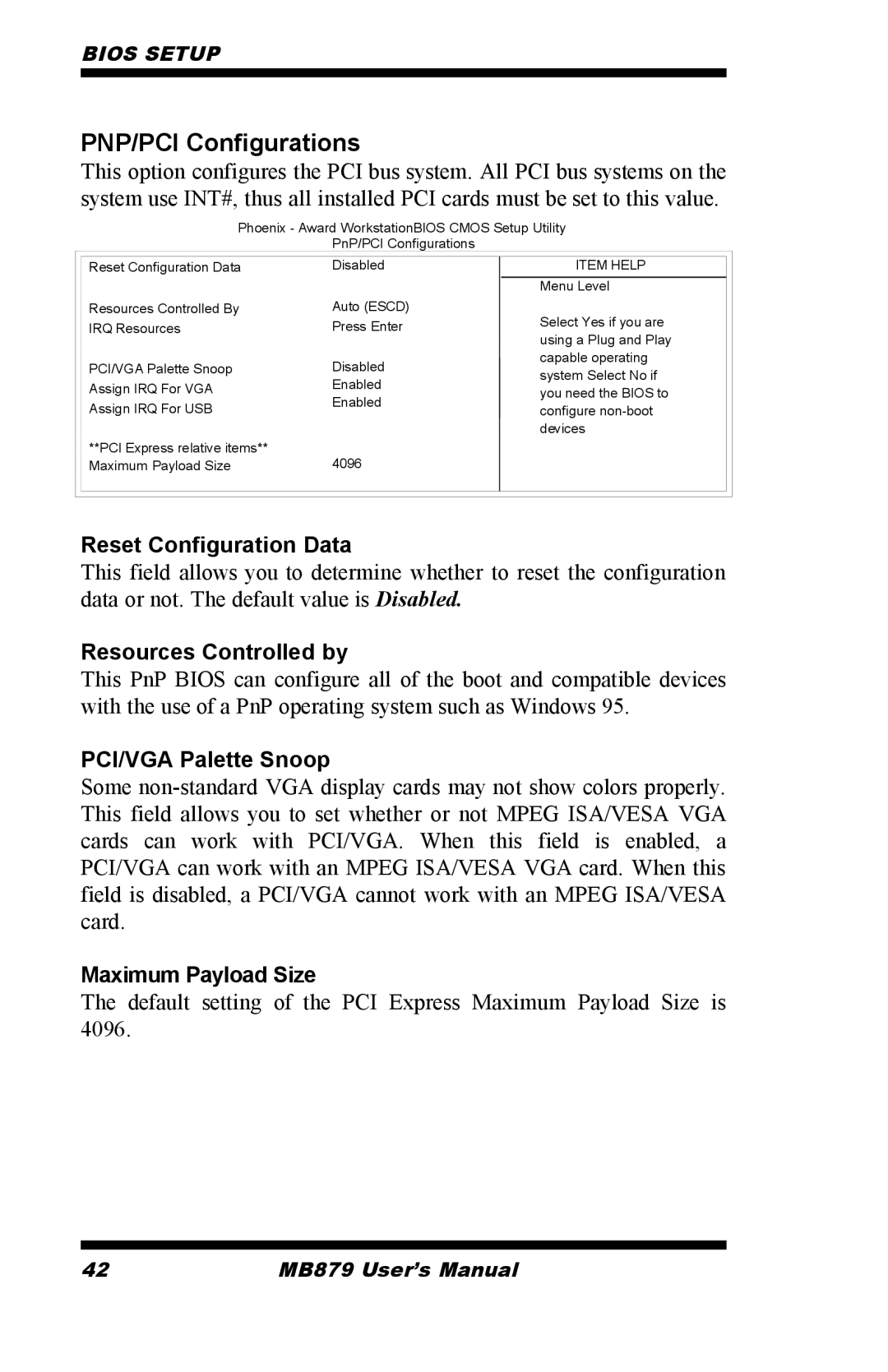 Intel MB879 user manual PNP/PCI Configurations, Reset Configuration Data, Resources Controlled by, PCI/VGA Palette Snoop 