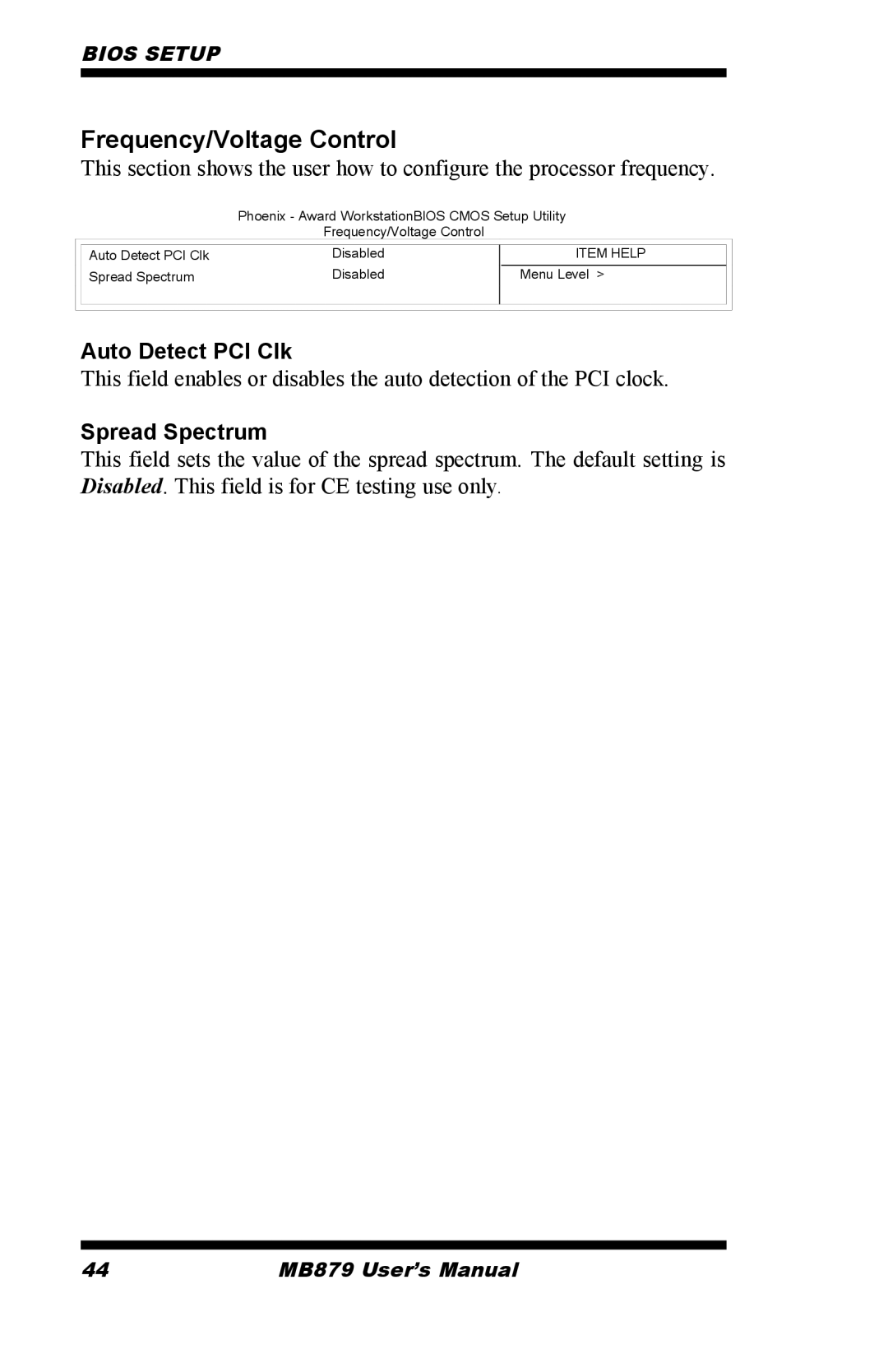 Intel MB879 user manual Frequency/Voltage Control, Auto Detect PCI Clk, Spread Spectrum 