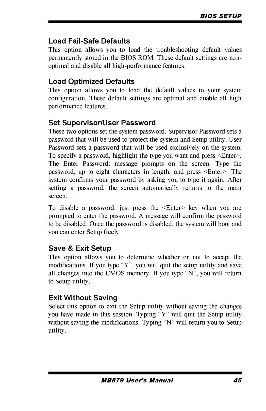 Intel MB879 user manual Load Fail-Safe Defaults, Load Optimized Defaults, Set Supervisor/User Password, Save & Exit Setup 