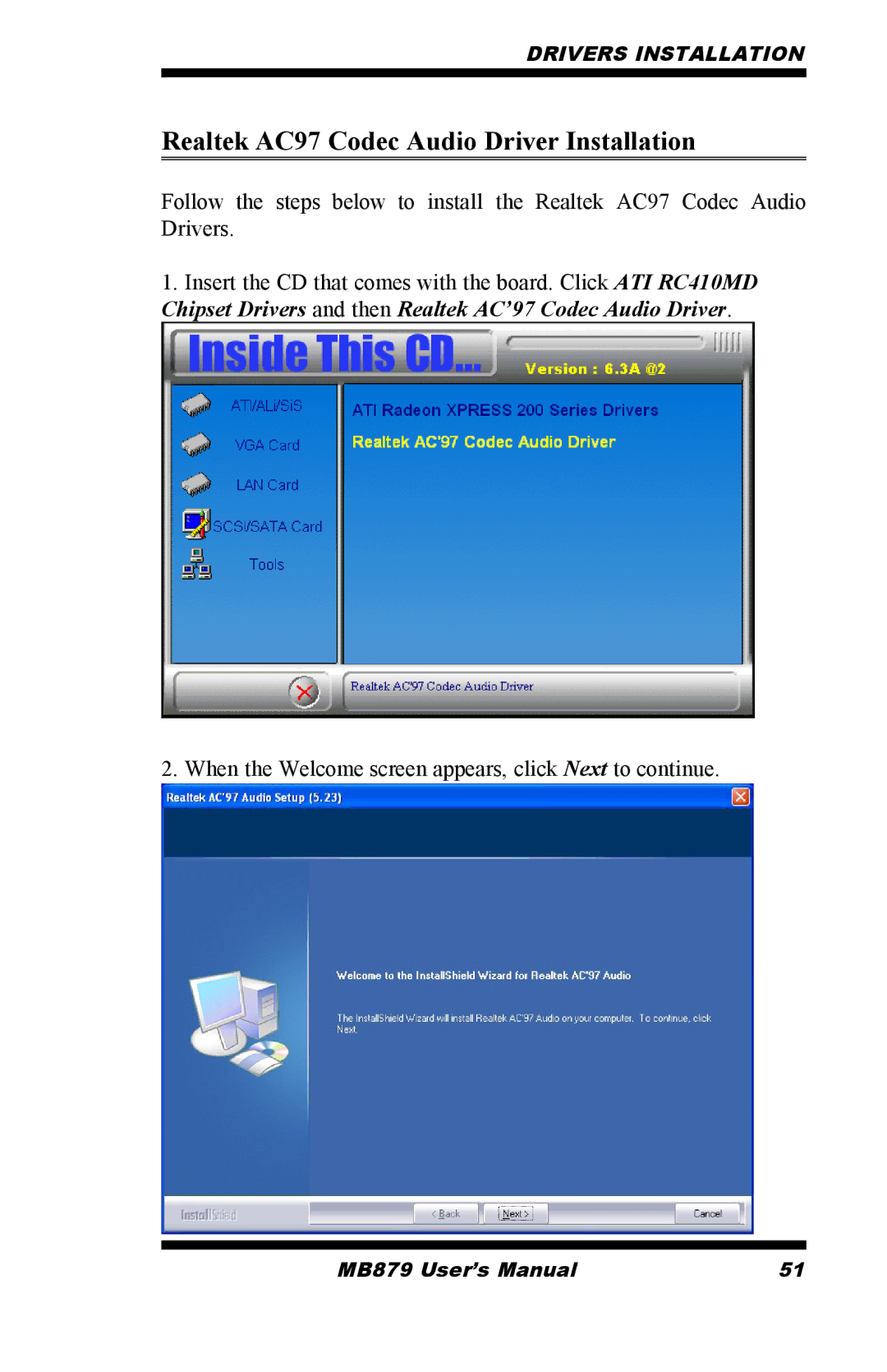 Intel MB879 user manual Realtek AC97 Codec Audio Driver Installation 