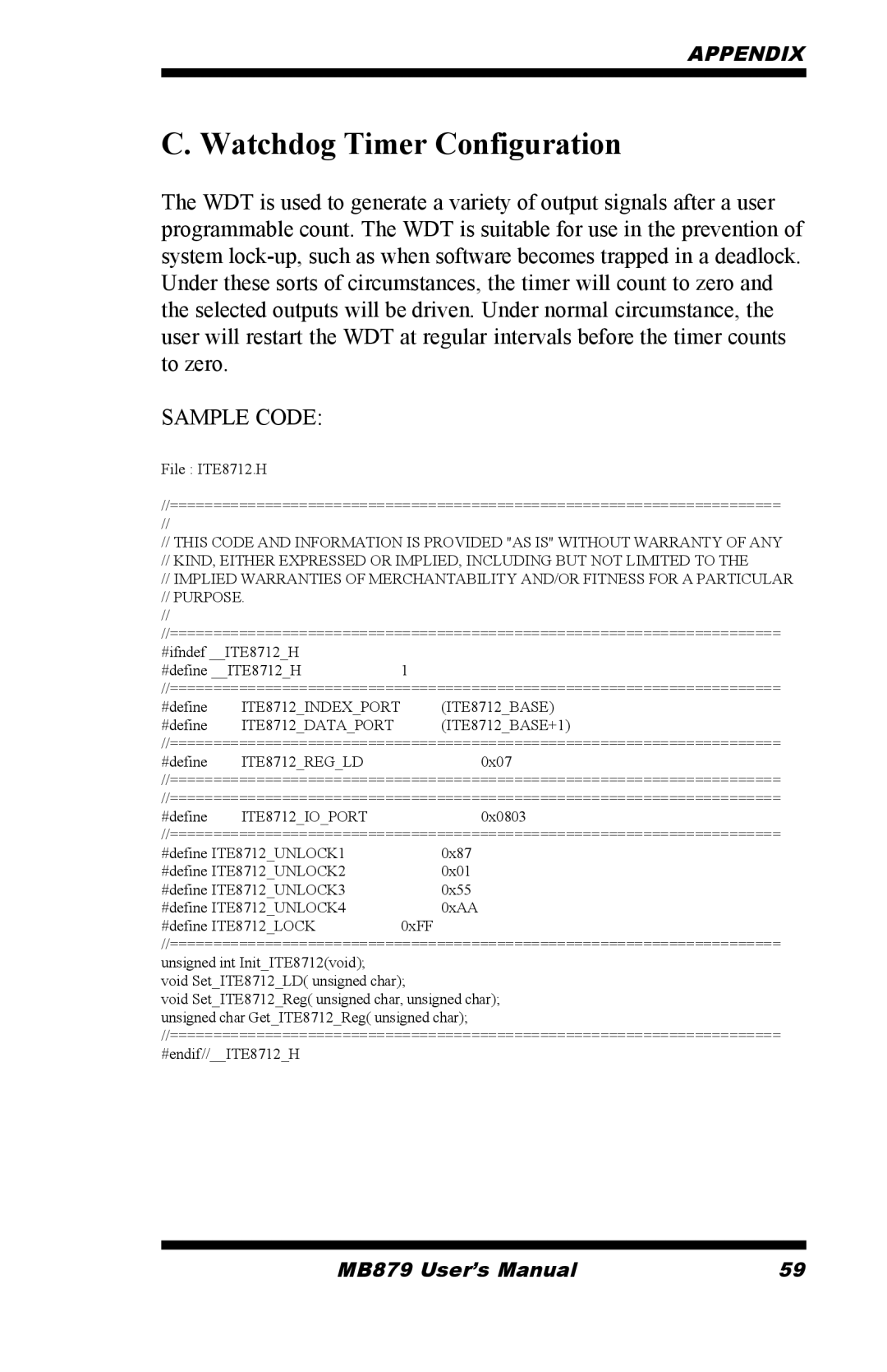 Intel MB879 user manual Watchdog Timer Configuration, Sample Code 