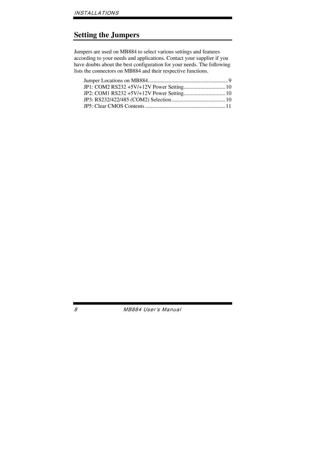 Intel MB884 user manual Setting the Jumpers 