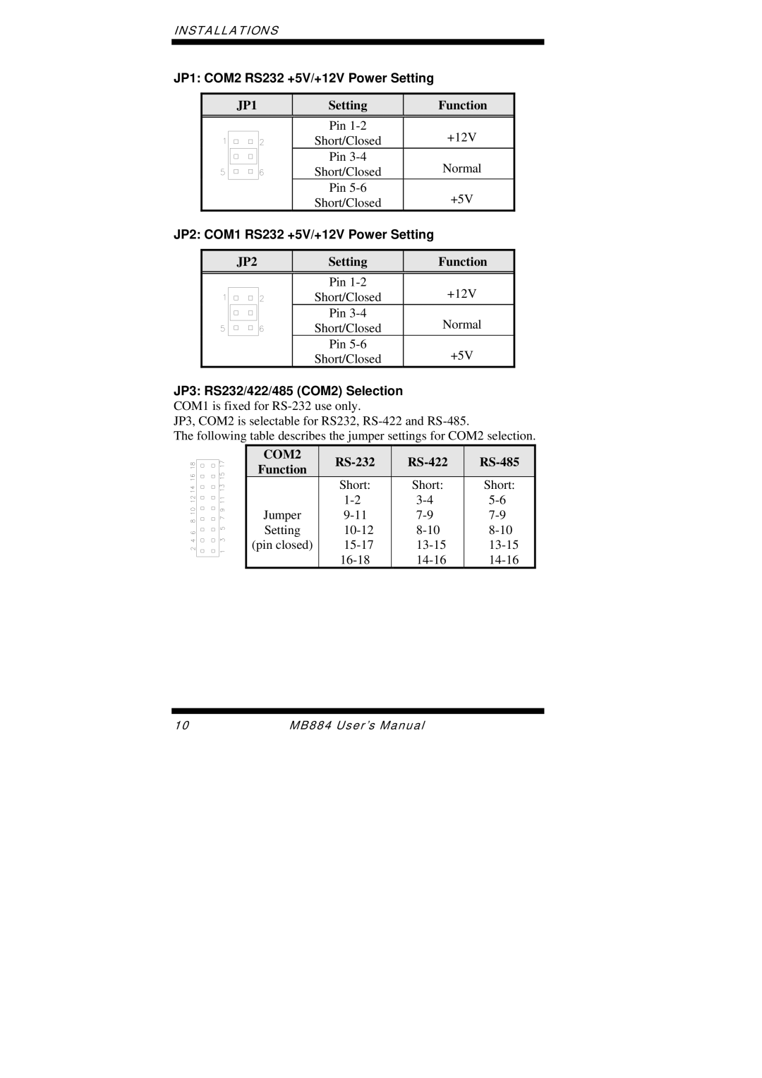 Intel MB884 user manual JP1 COM2 RS232 +5V/+12V Power Setting, Setting Function, JP2 COM1 RS232 +5V/+12V Power Setting 