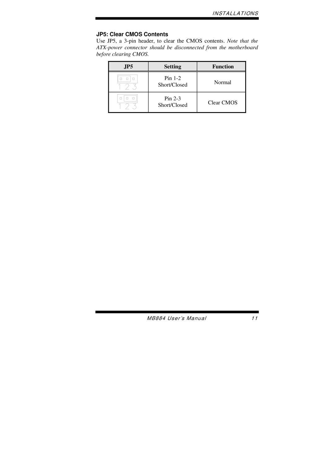 Intel MB884 user manual JP5 Clear Cmos Contents 