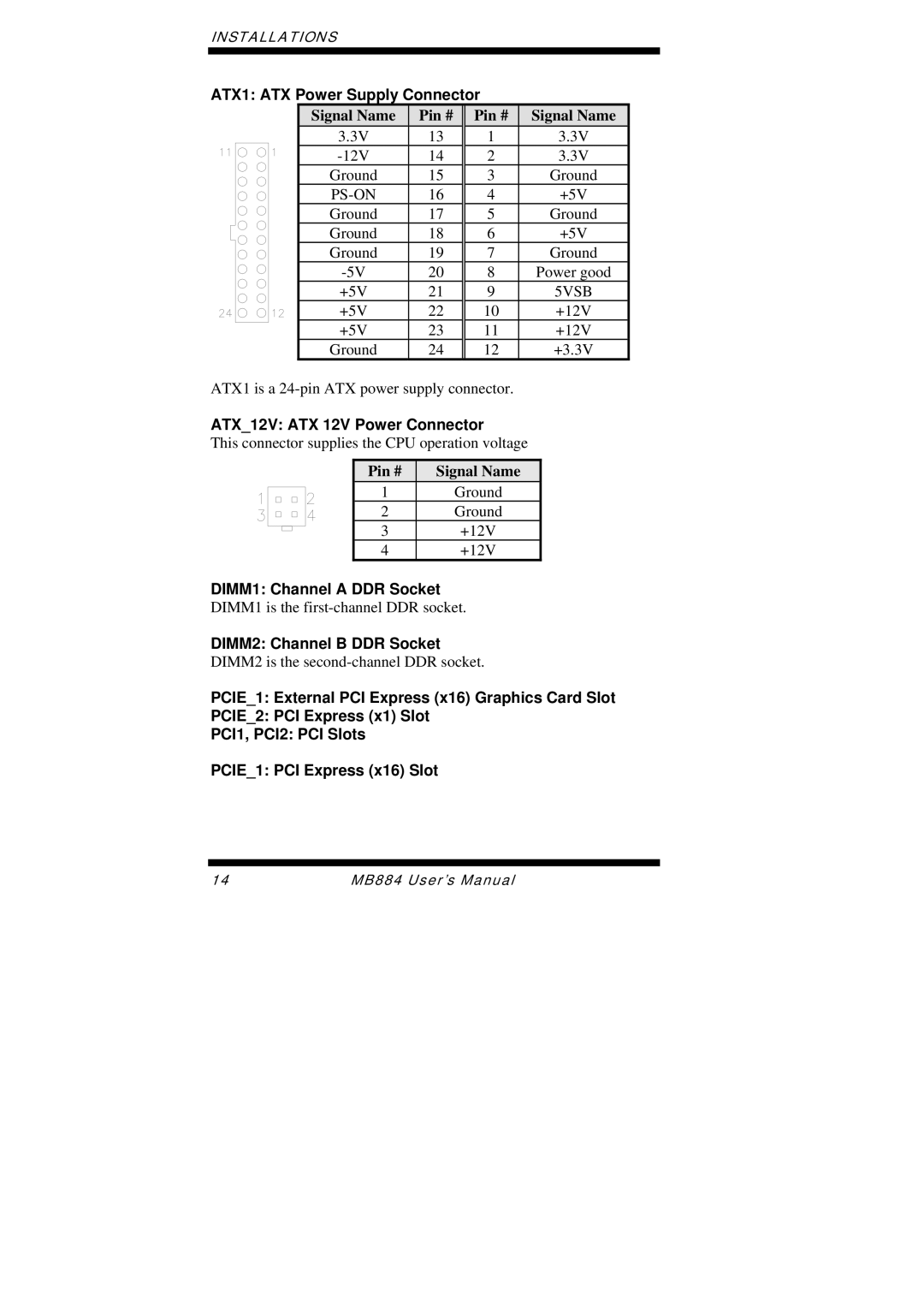 Intel MB884 user manual ATX1 ATX Power Supply Connector, ATX12V ATX 12V Power Connector, DIMM1 Channel a DDR Socket 