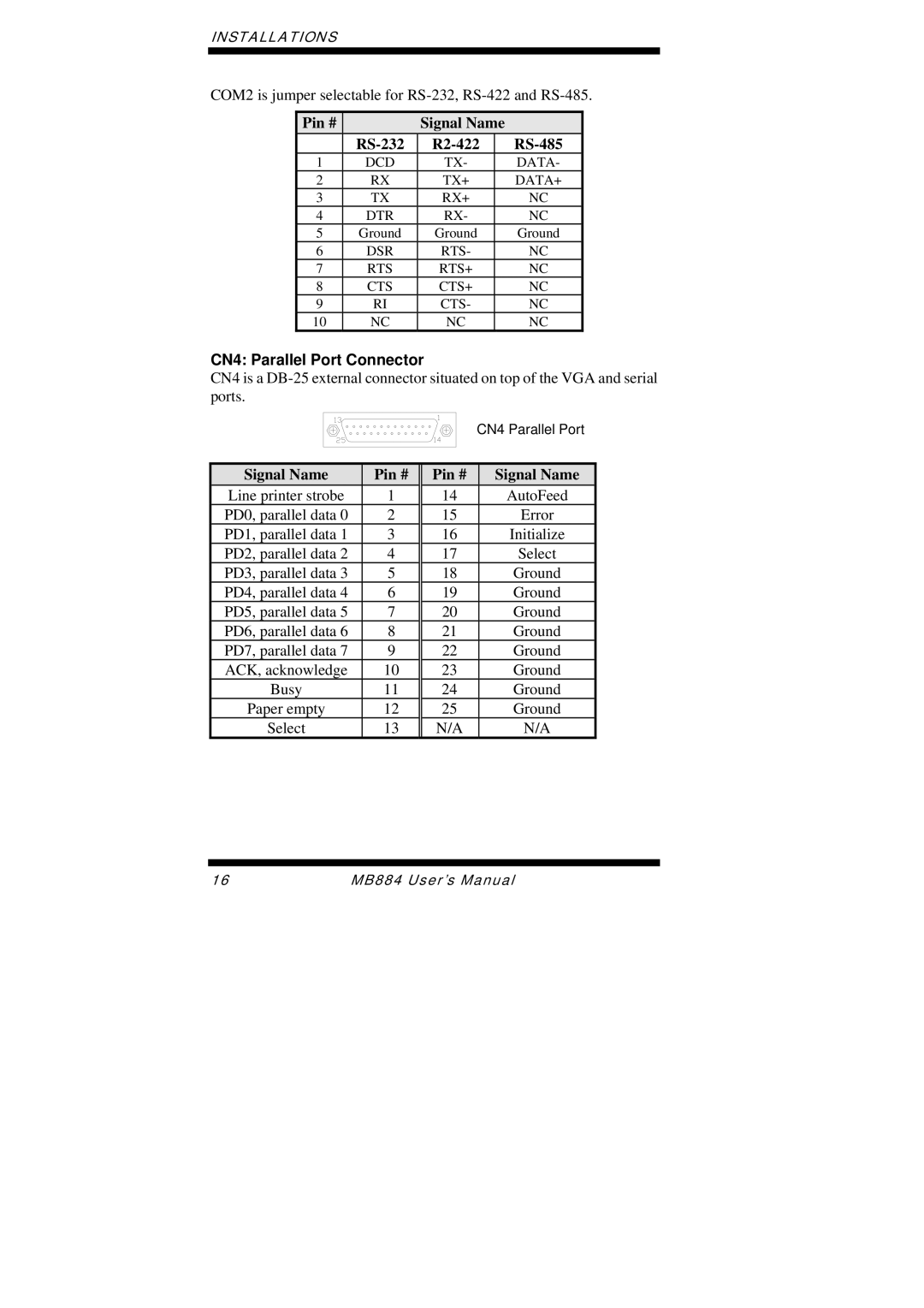 Intel MB884 user manual Pin # Signal Name RS-232 R2-422 RS-485, CN4 Parallel Port Connector 