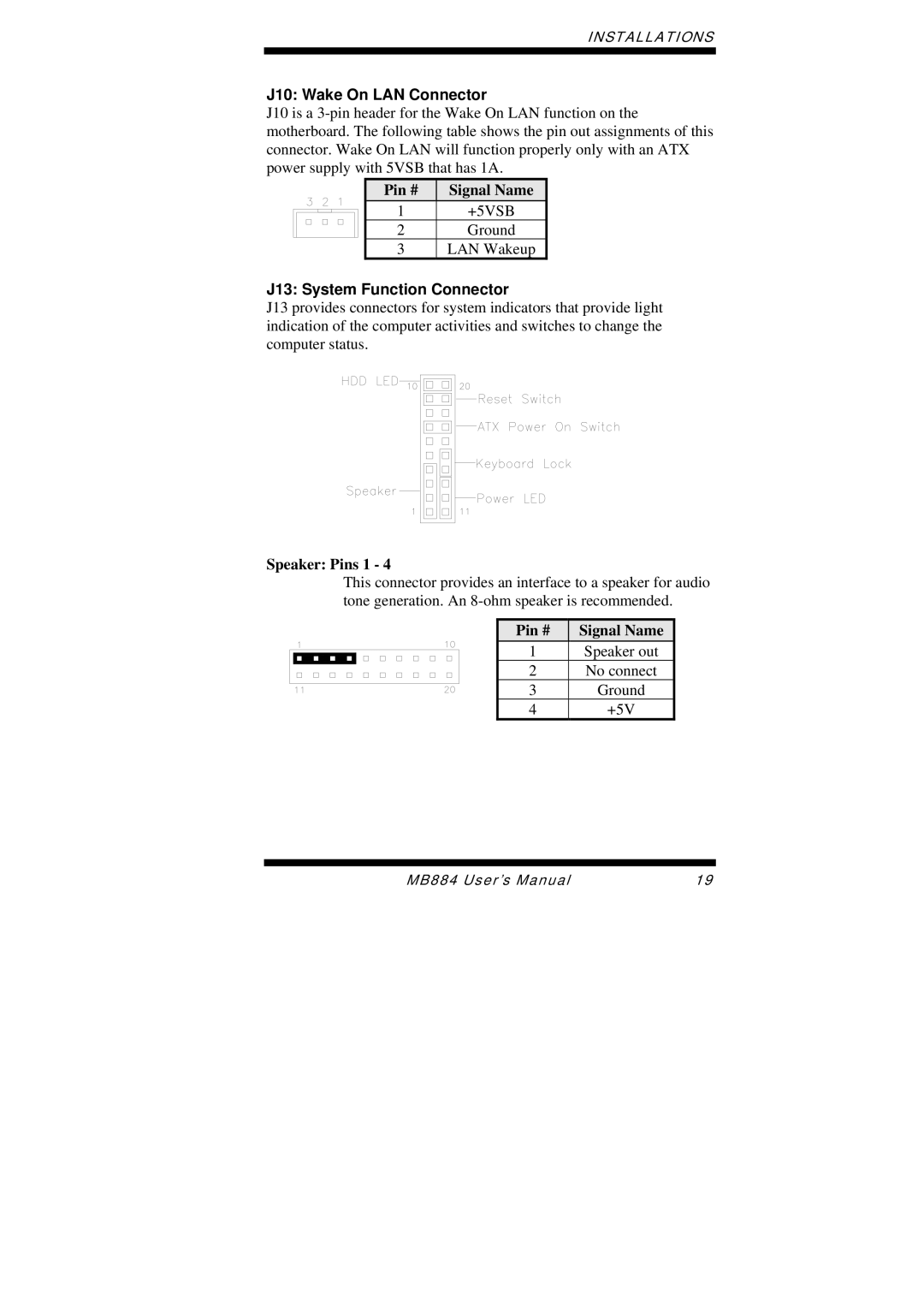 Intel MB884 user manual J10 Wake On LAN Connector, J13 System Function Connector, Speaker Pins 1 