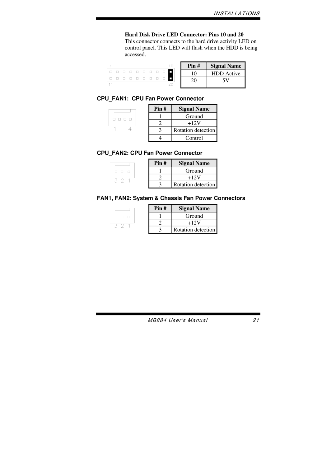 Intel MB884 Hard Disk Drive LED Connector Pins 10, CPUFAN1 CPU Fan Power Connector, CPUFAN2 CPU Fan Power Connector 