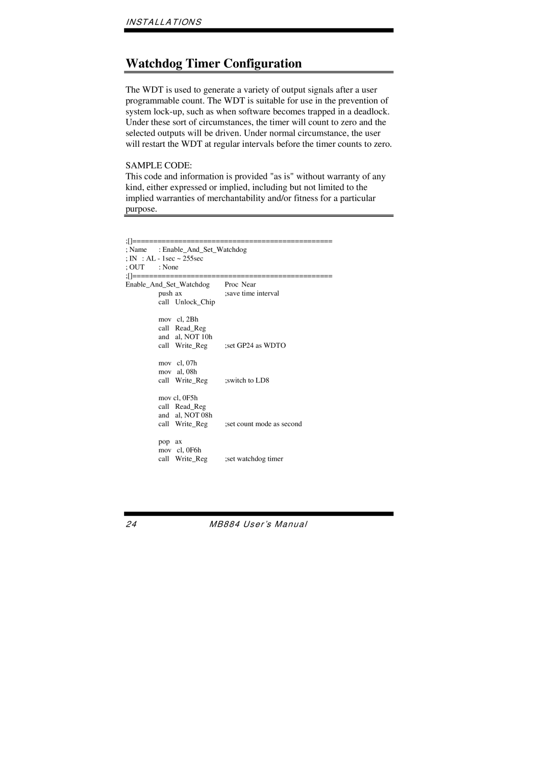 Intel MB884 user manual Watchdog Timer Configuration, Sample Code 