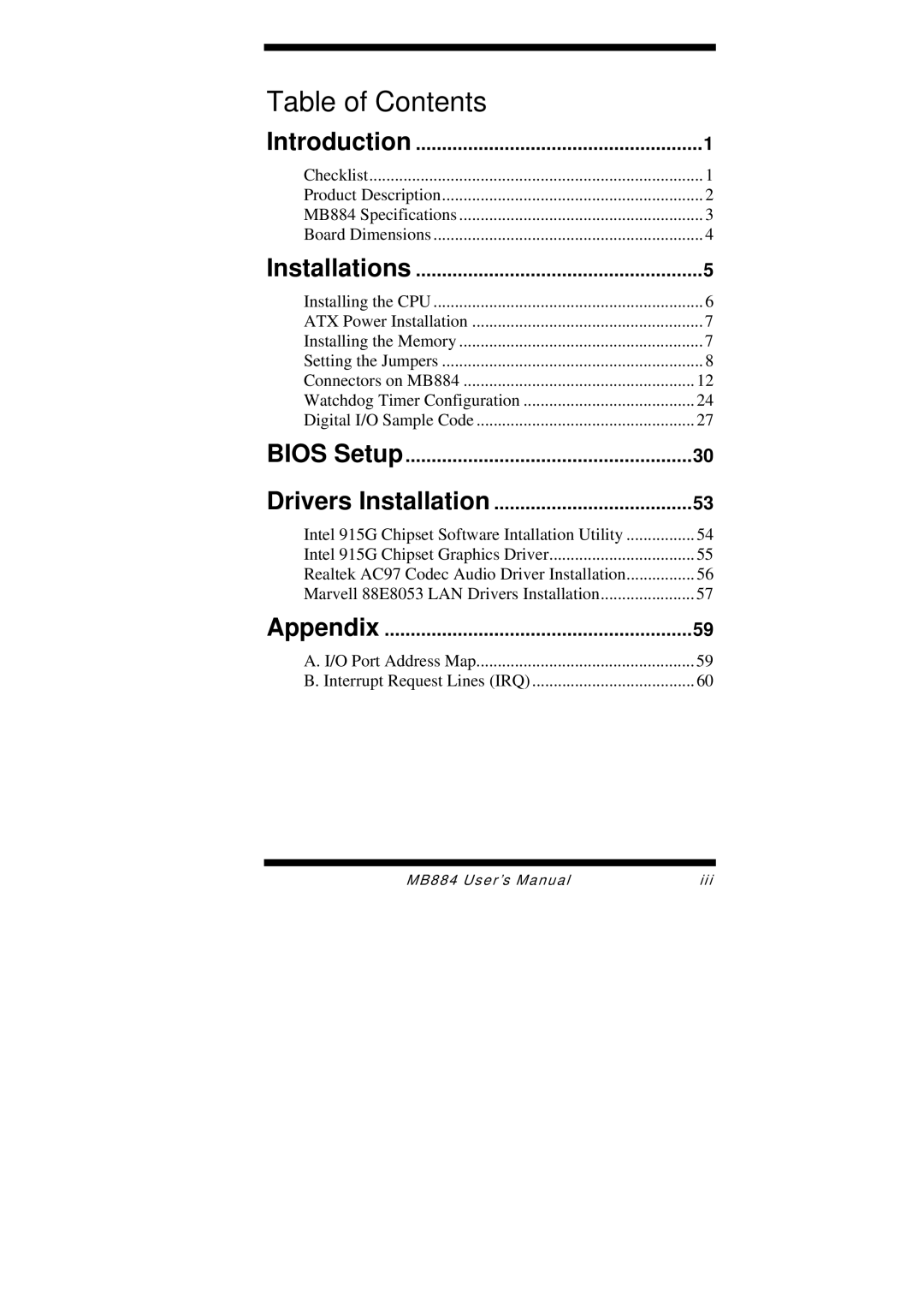 Intel MB884 user manual Table of Contents 