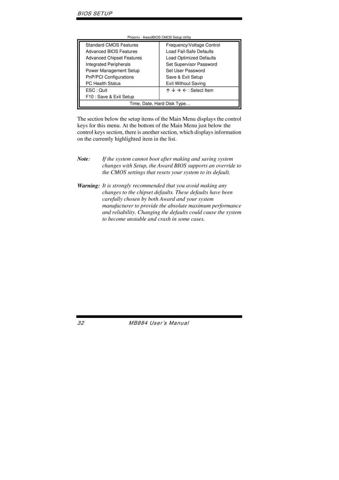 Intel MB884 user manual Phoenix AwardBIOS Cmos Setup Utility 