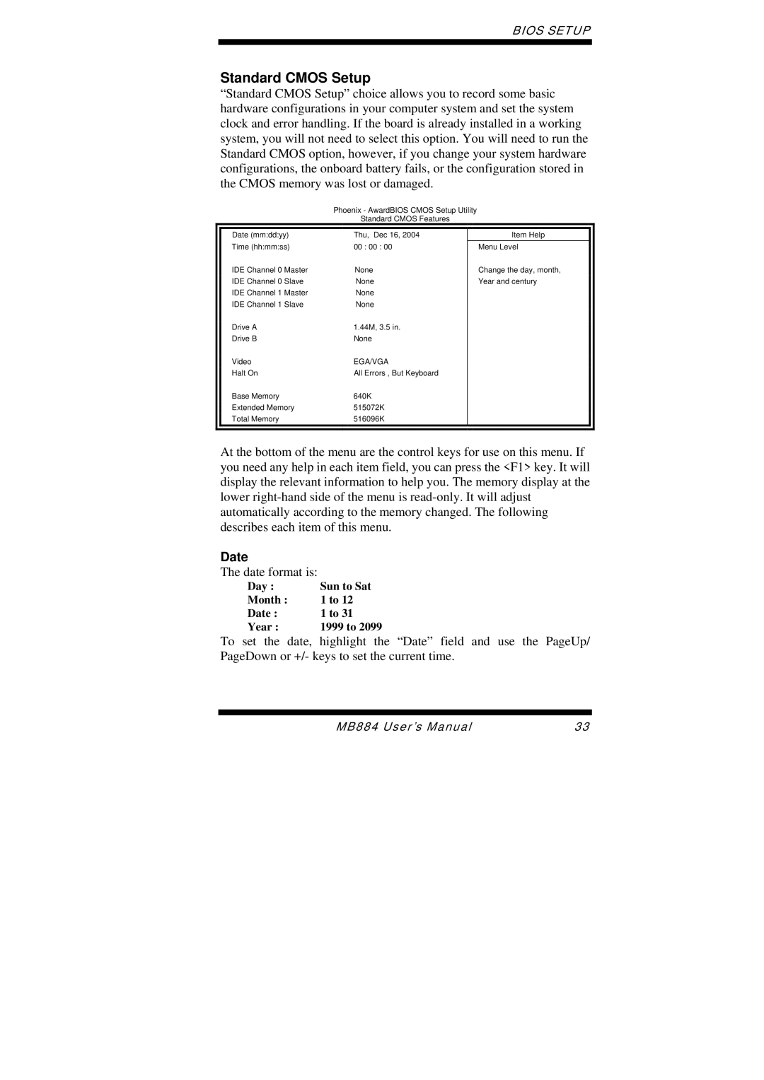 Intel MB884 user manual Standard Cmos Setup, Date 