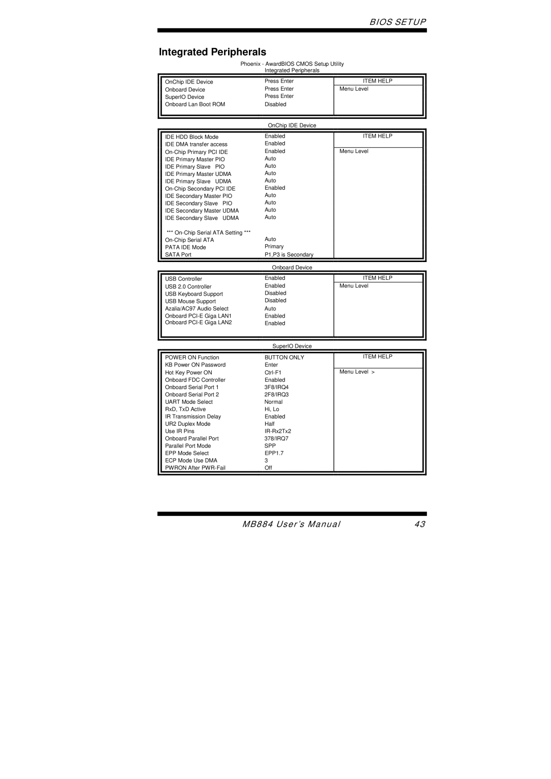 Intel MB884 user manual Integrated Peripherals, Button only Item Help 