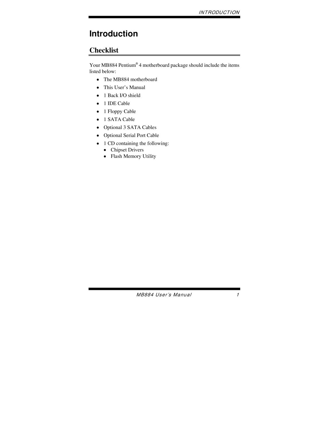 Intel MB884 user manual Introduction, Checklist 