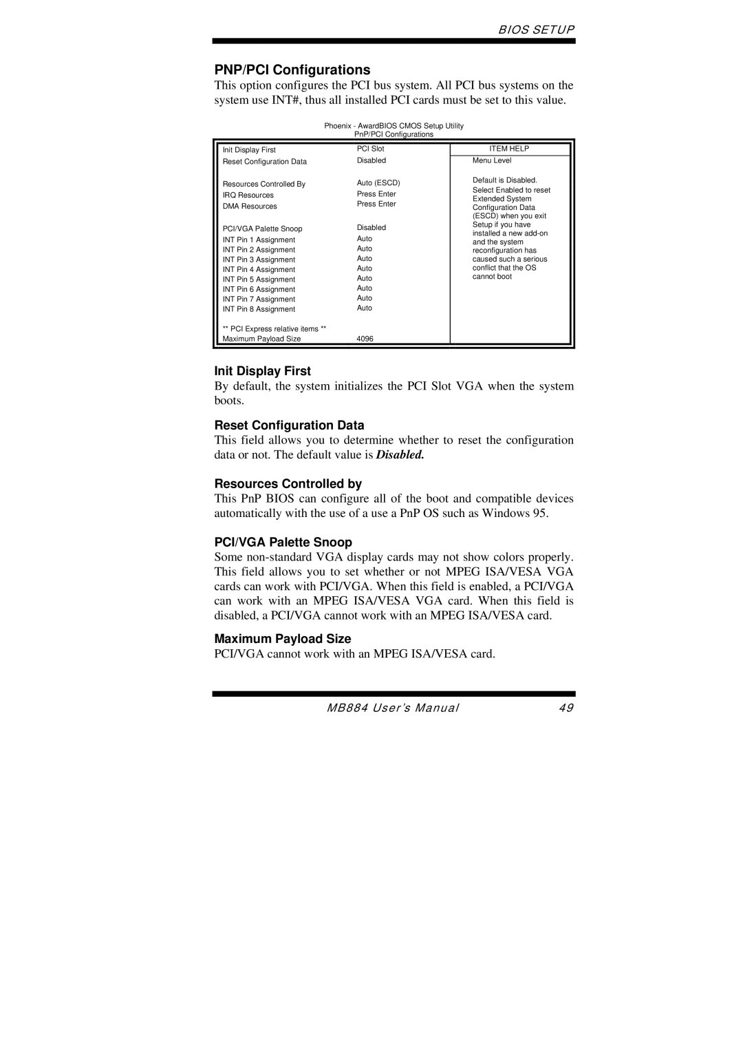 Intel MB884 user manual PNP/PCI Configurations 