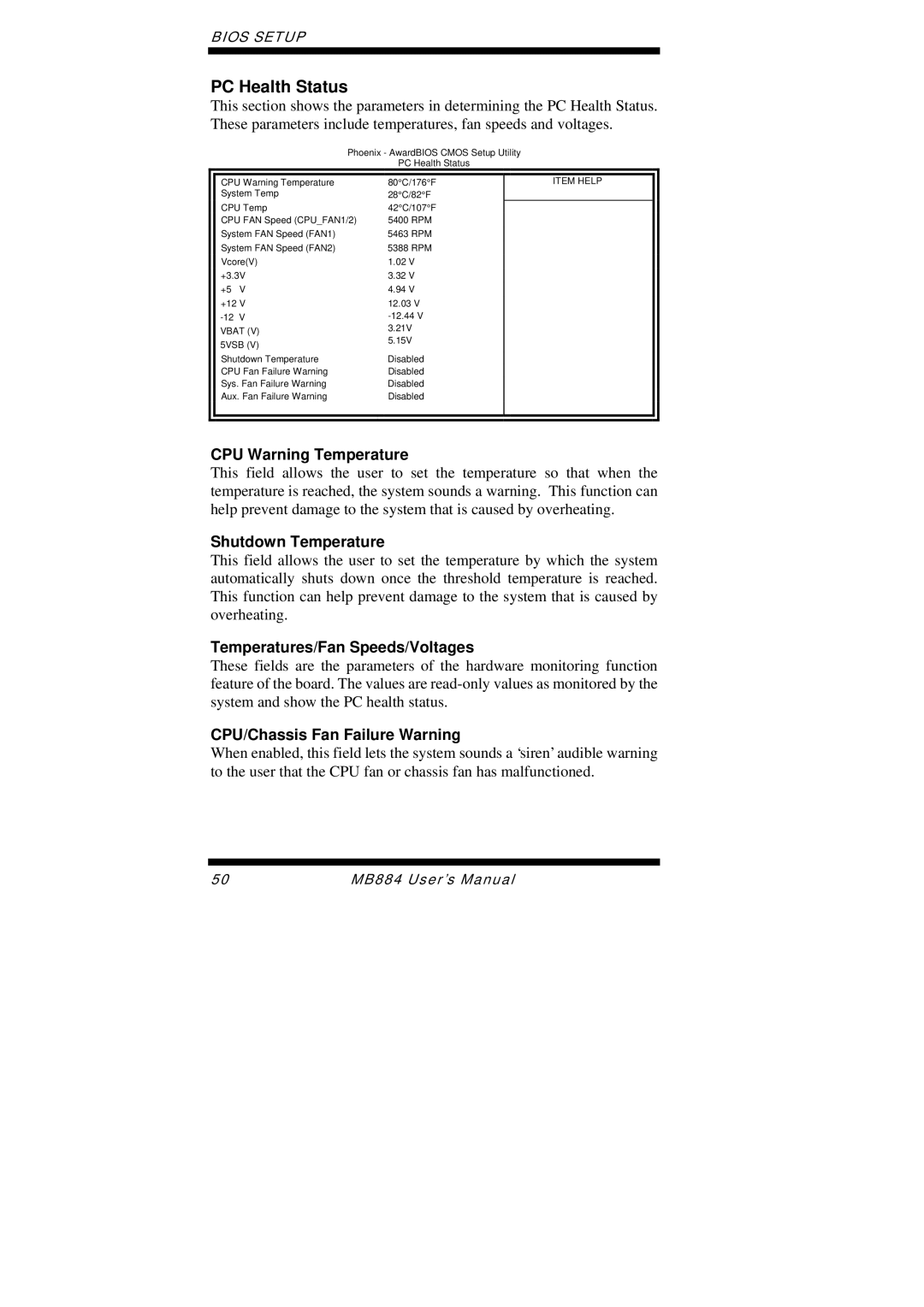 Intel MB884 user manual PC Health Status, CPU Warning Temperature, Shutdown Temperature, Temperatures/Fan Speeds/Voltages 