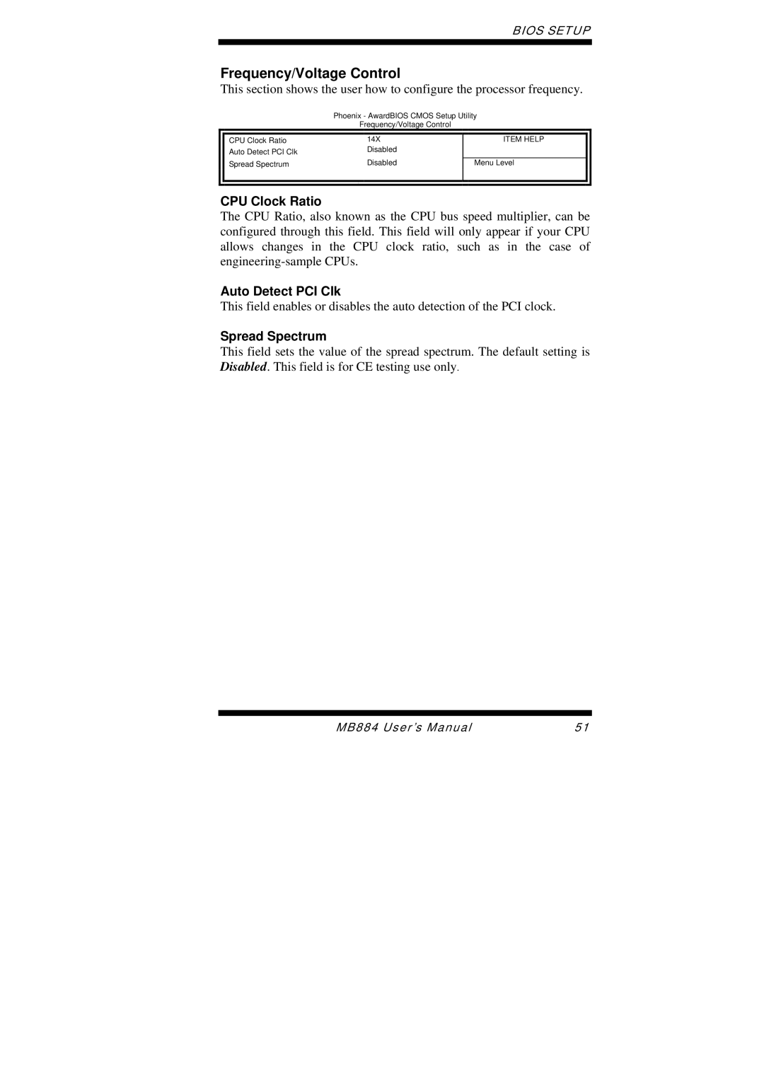 Intel MB884 user manual Frequency/Voltage Control, CPU Clock Ratio, Auto Detect PCI Clk, Spread Spectrum 