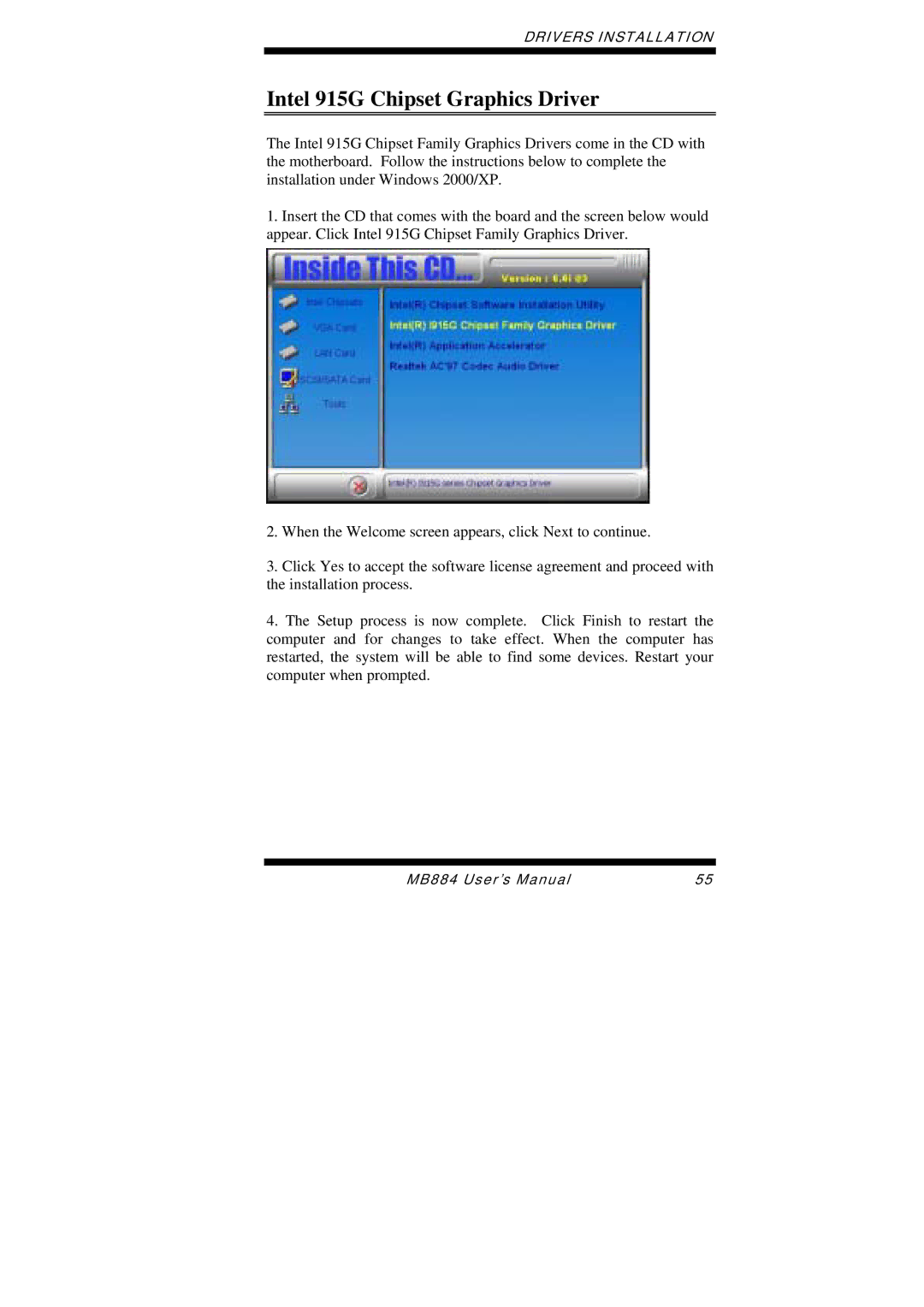 Intel MB884 user manual Intel 915G Chipset Graphics Driver 