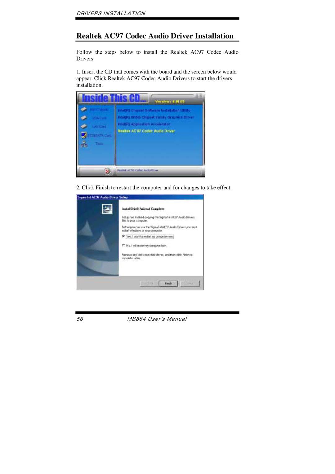 Intel MB884 user manual Realtek AC97 Codec Audio Driver Installation 