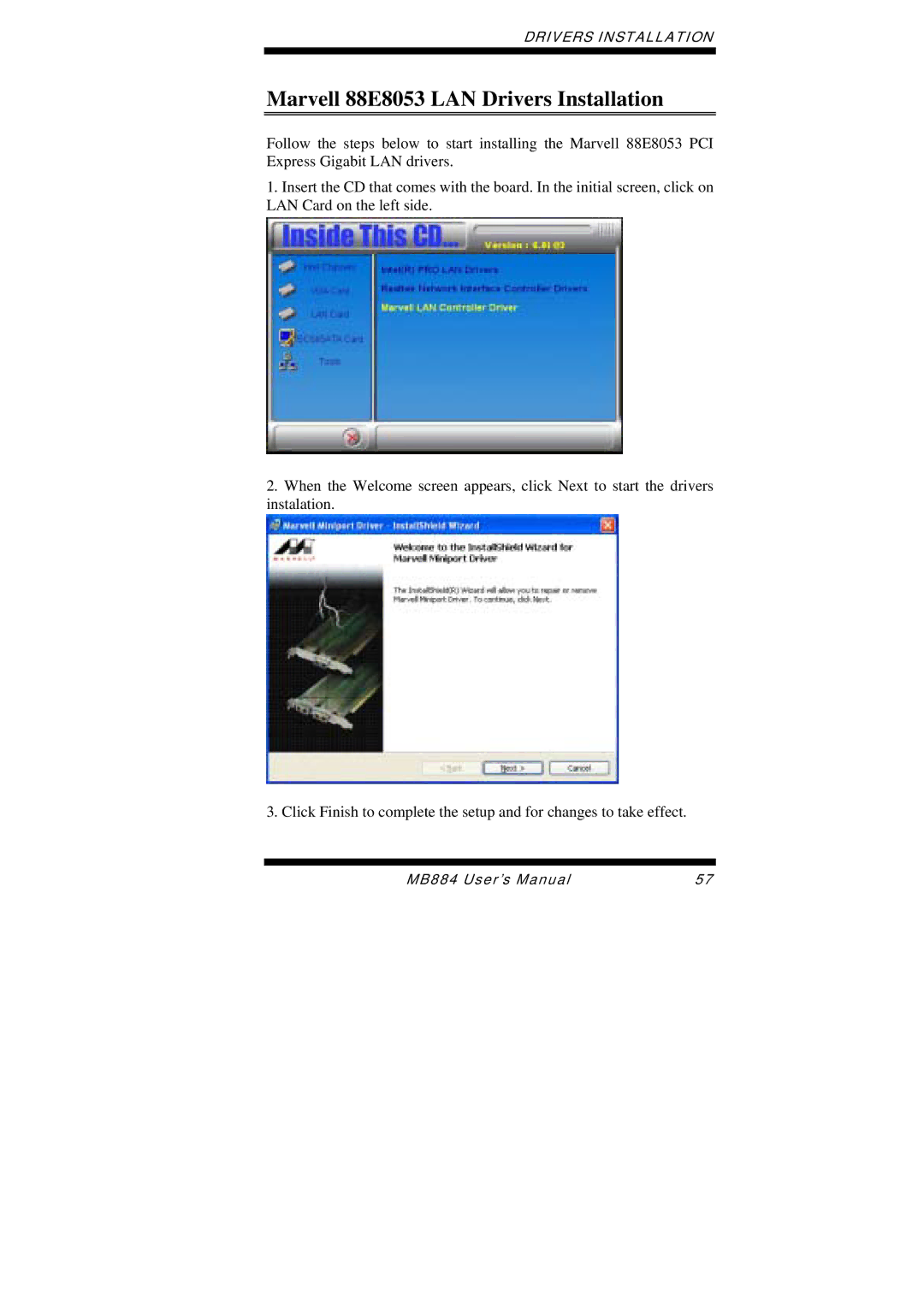 Intel MB884 user manual Marvell 88E8053 LAN Drivers Installation 