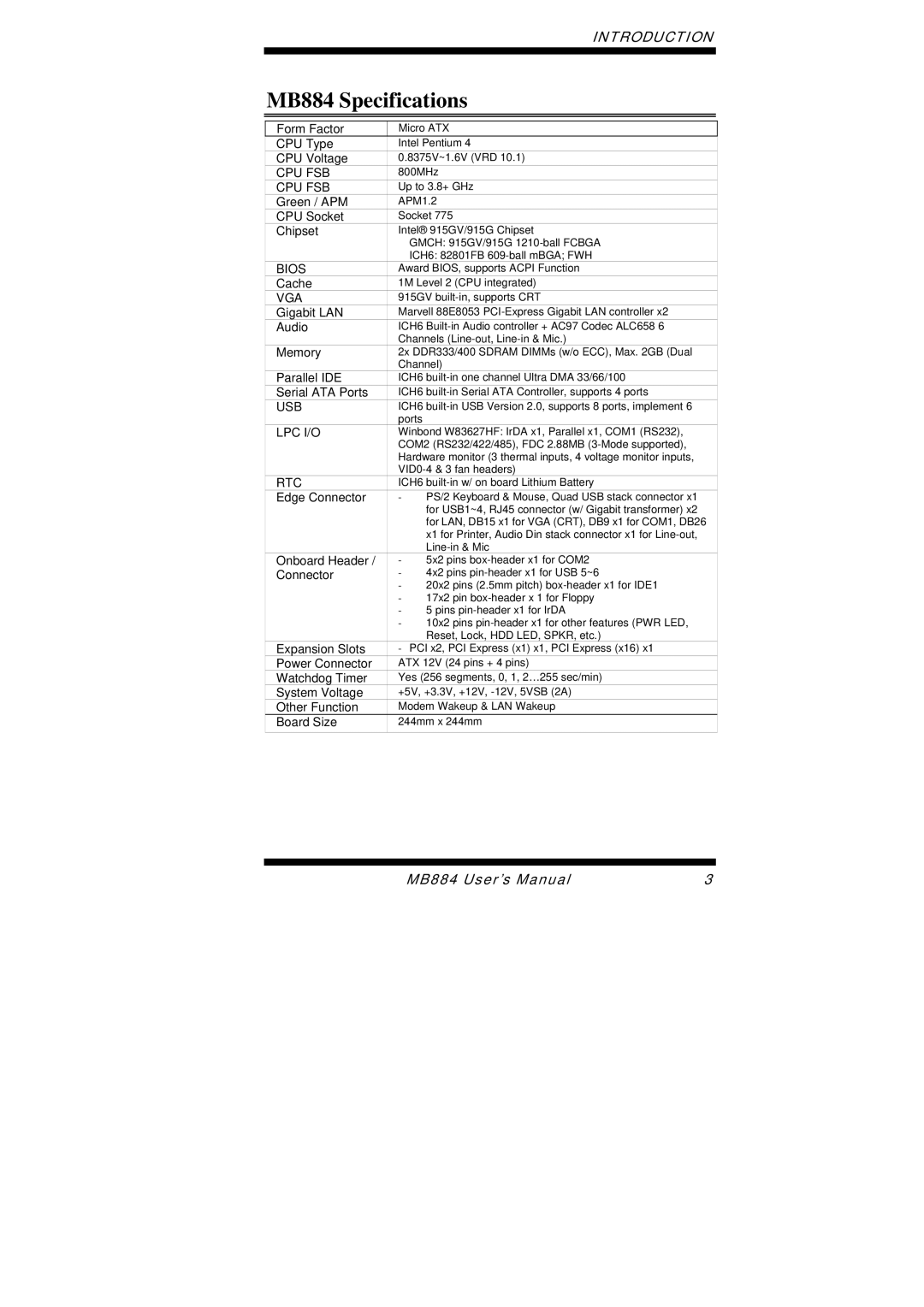 Intel user manual MB884 Specifications, Vga 