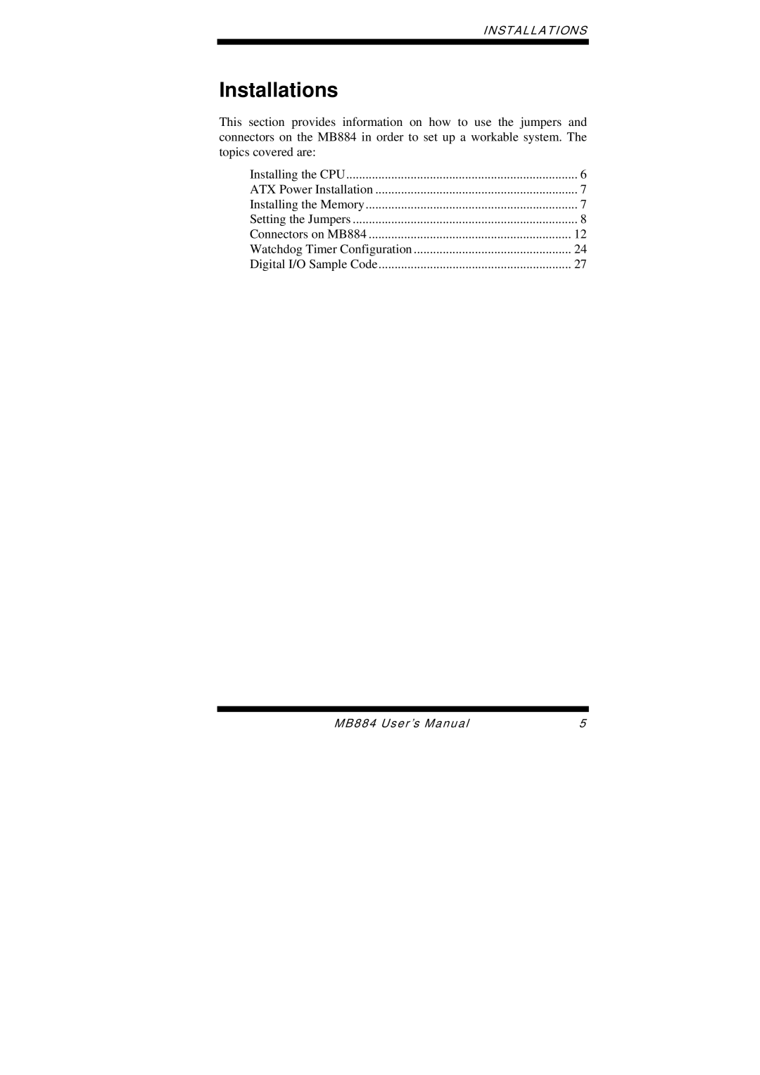 Intel MB884 user manual Installations 