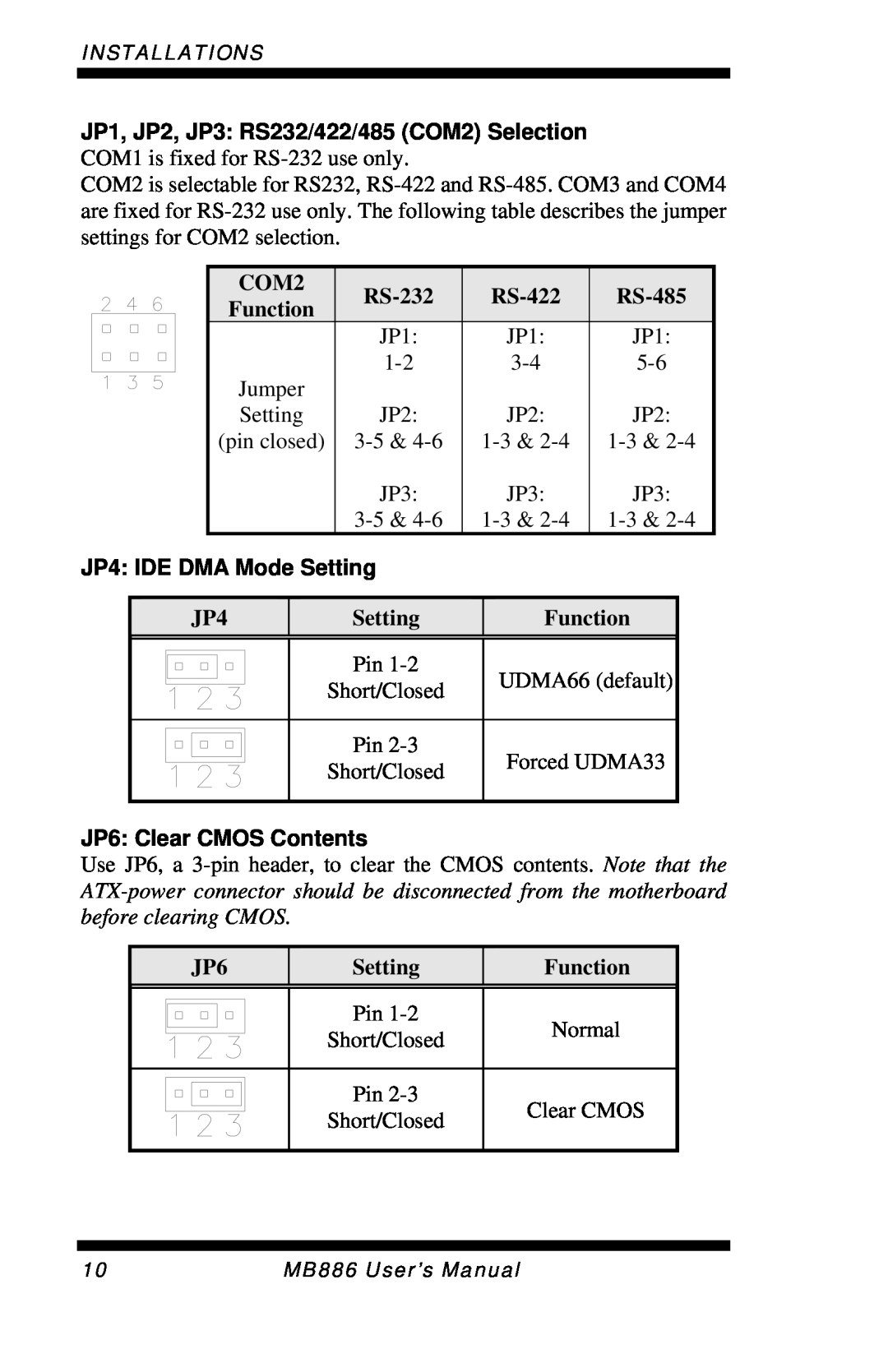 Intel MB886 user manual JP4 IDE DMA Mode Setting, JP6 Clear CMOS Contents 
