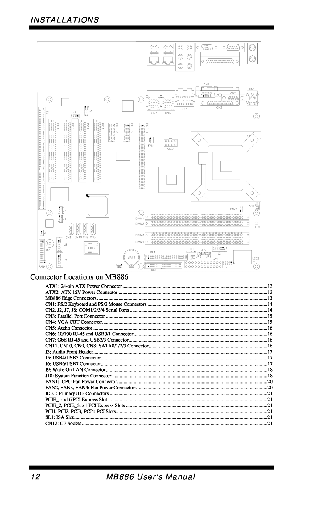 Intel user manual Installations, Connector Locations on MB886 