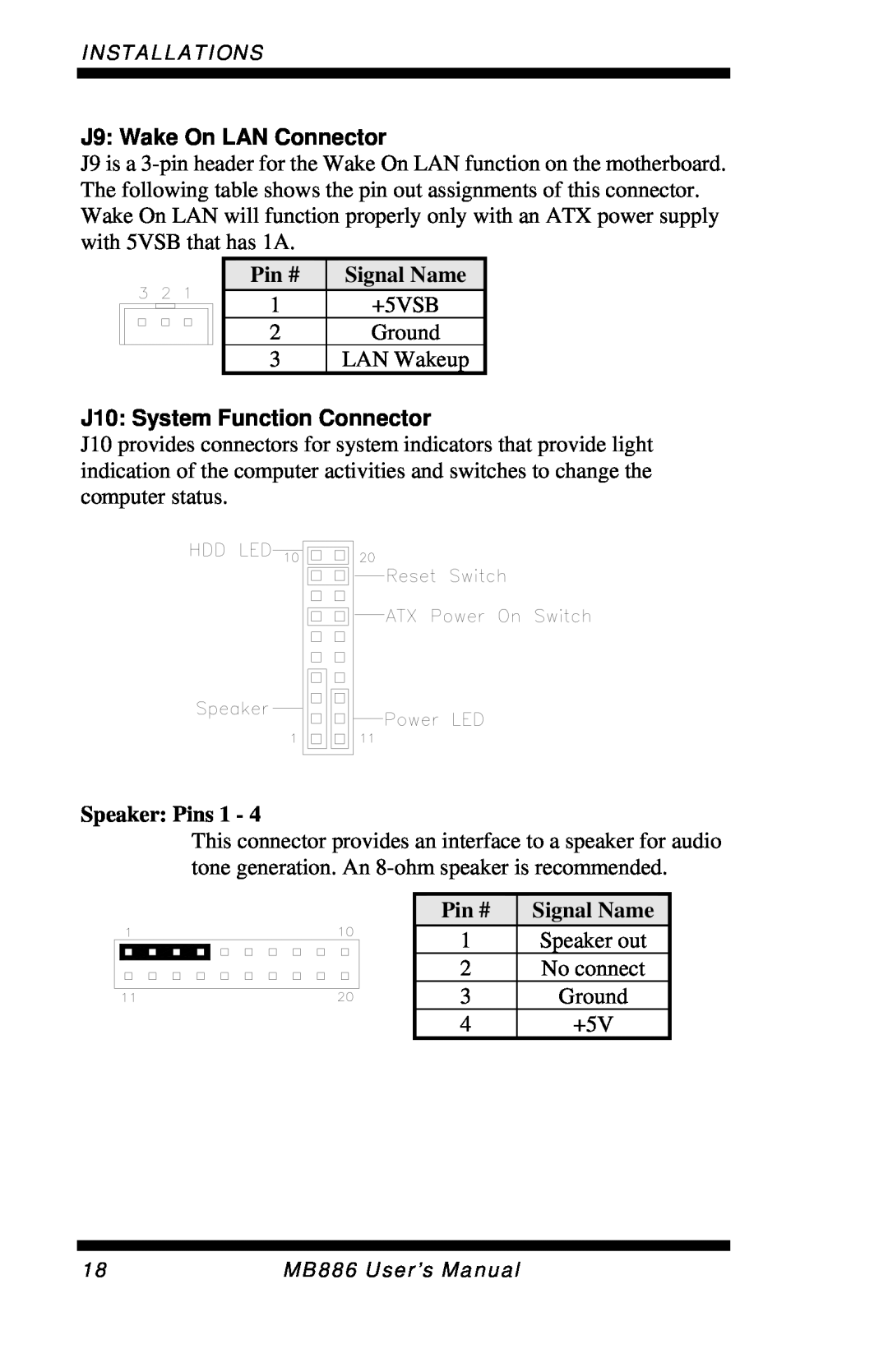 Intel MB886 user manual J9 Wake On LAN Connector, J10 System Function Connector, Speaker Pins, Pin # Signal Name 
