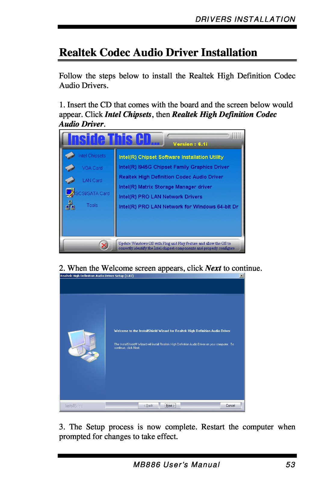 Intel MB886 user manual Realtek Codec Audio Driver Installation, Drivers Installation 