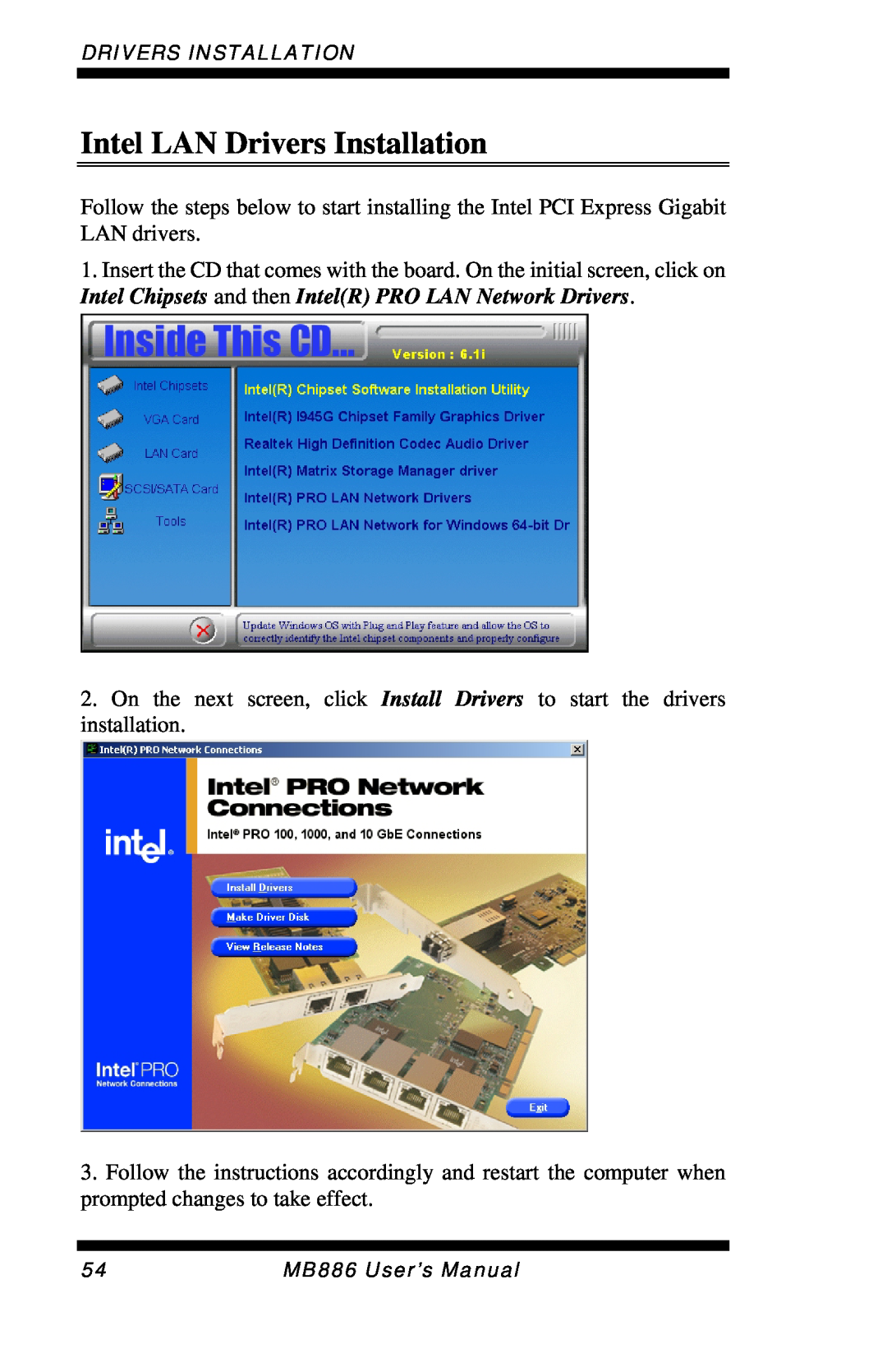Intel MB886 user manual Intel LAN Drivers Installation 