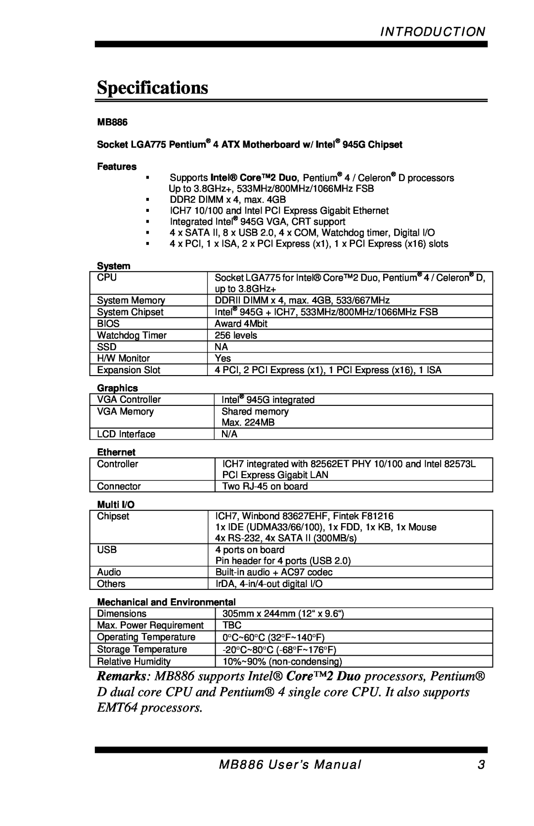 Intel MB886 user manual Specifications, Introduction, System, Graphics, Ethernet, Multi I/O, Mechanical and Environmental 