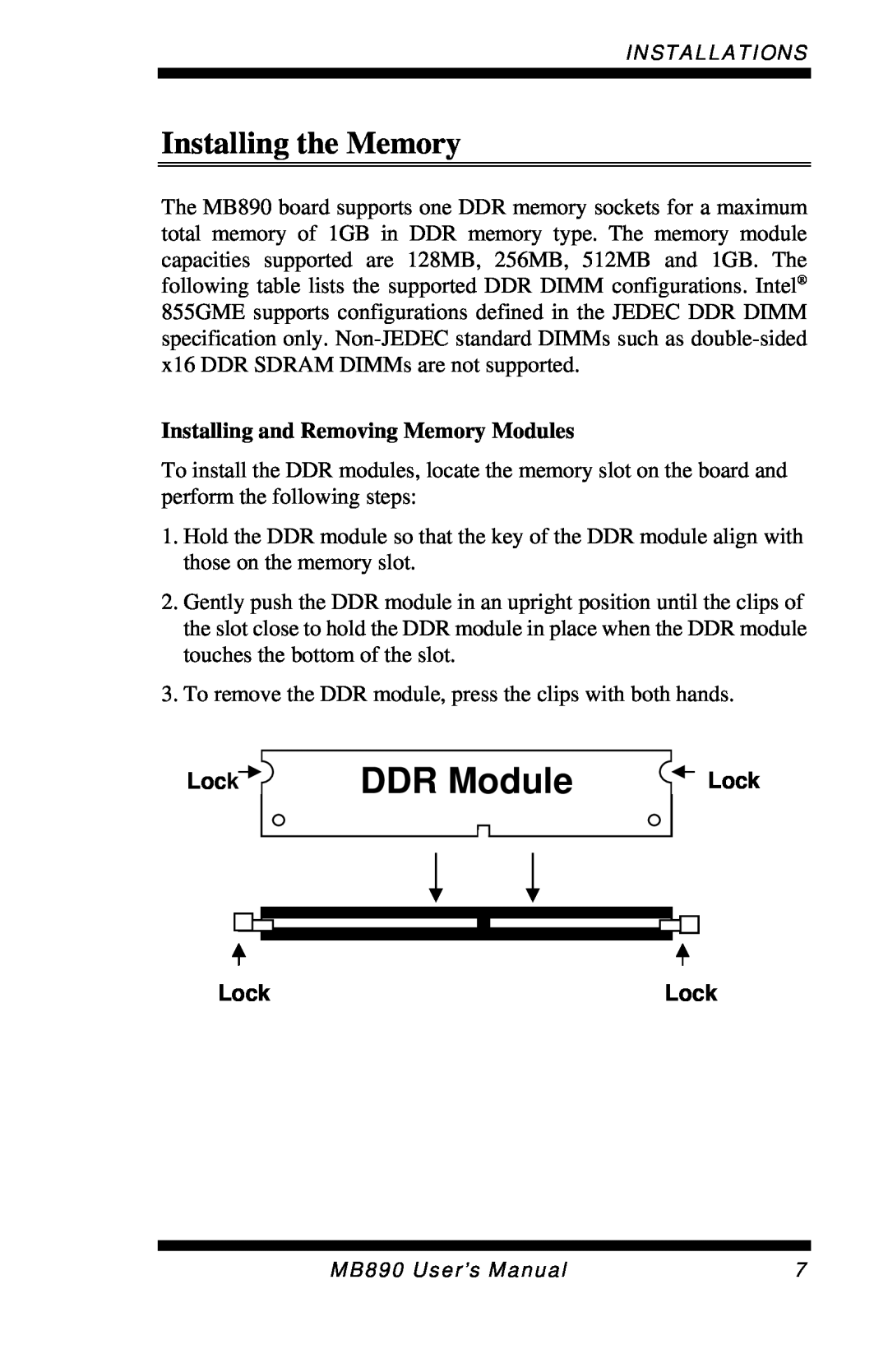 Intel MB890 user manual DDR Module, Installing the Memory, Lock 