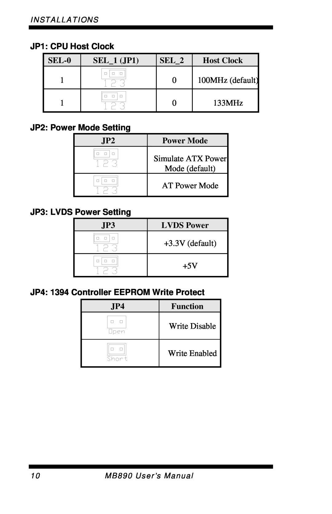 Intel MB890 JP1 CPU Host Clock, JP2 Power Mode Setting, JP3 LVDS Power Setting, JP4 1394 Controller EEPROM Write Protect 