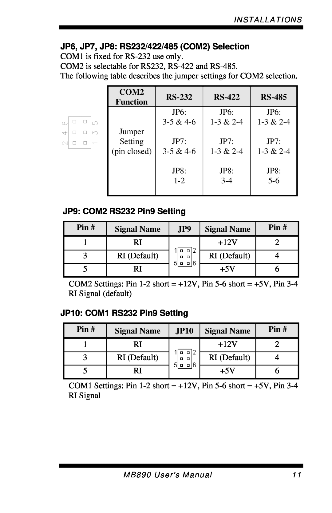 Intel MB890 user manual JP9 COM2 RS232 Pin9 Setting, JP10 COM1 RS232 Pin9 Setting 