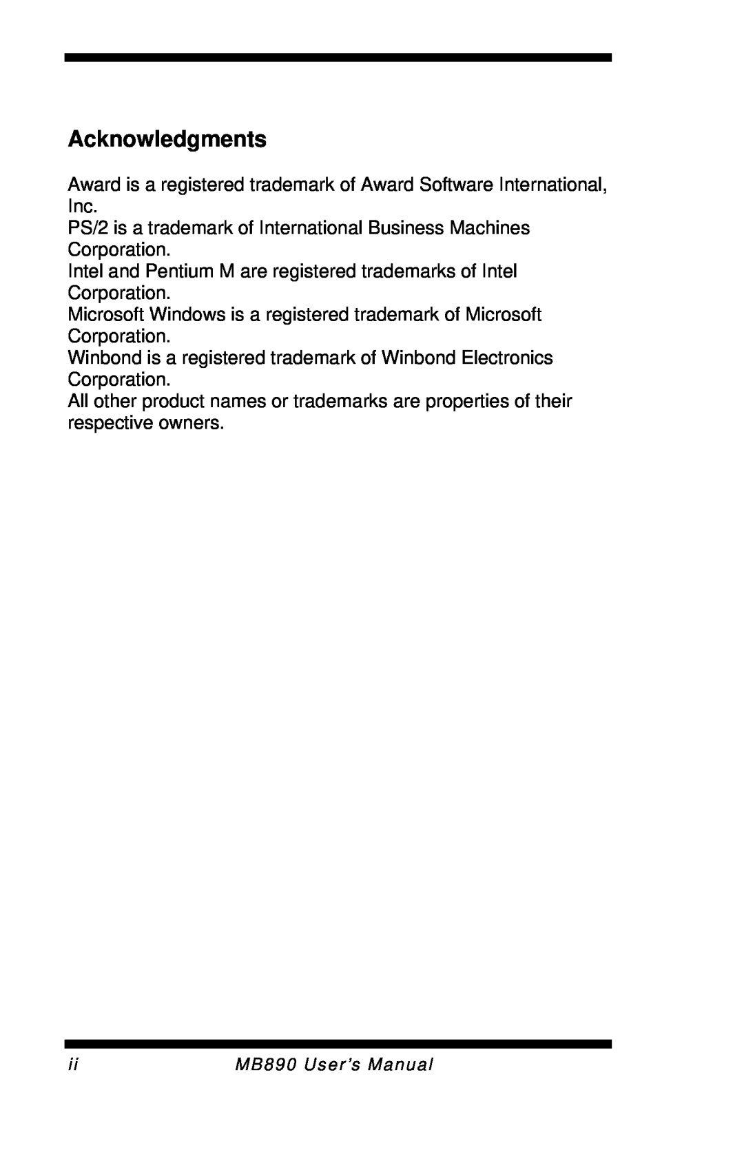 Intel MB890 user manual Acknowledgments 