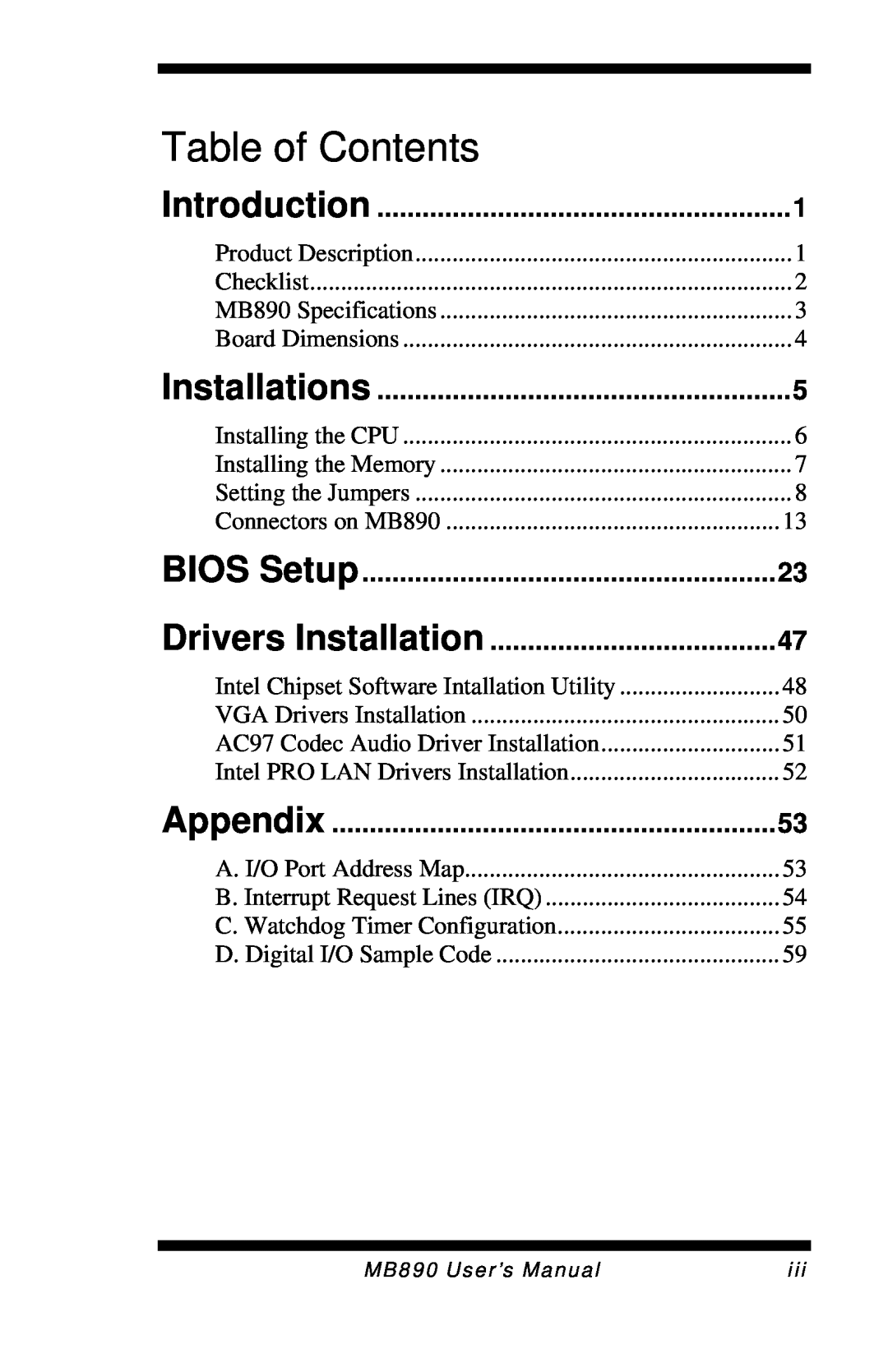 Intel MB890 user manual Introduction, Installations, BIOS Setup, Drivers Installation, Appendix, Table of Contents 