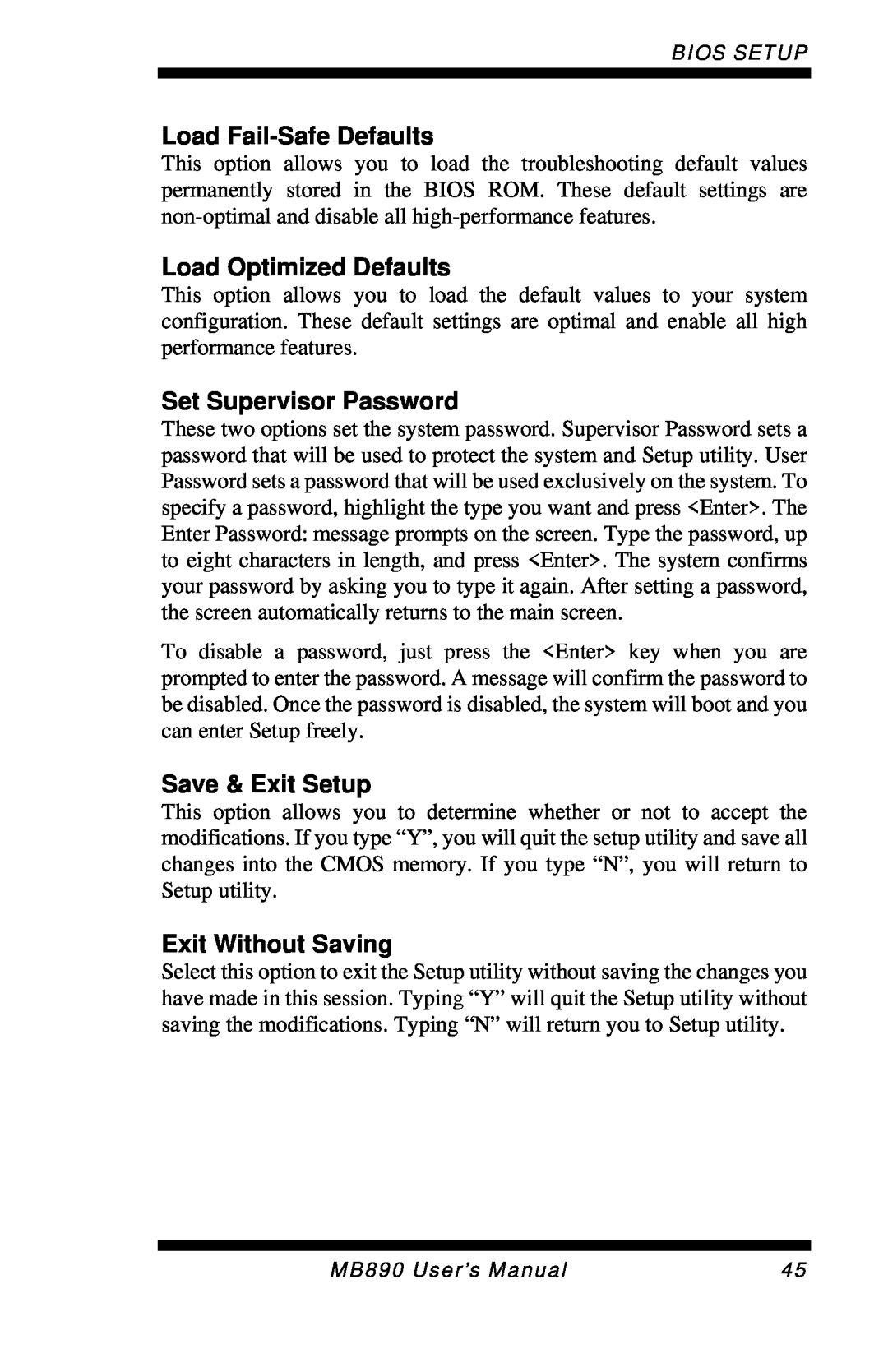 Intel MB890 user manual Load Fail-SafeDefaults, Load Optimized Defaults, Set Supervisor Password, Save & Exit Setup 