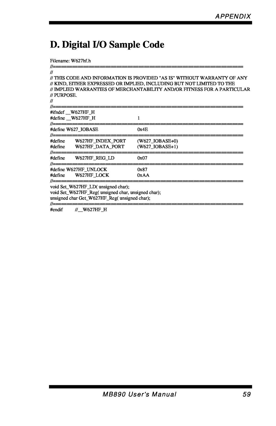 Intel MB890 user manual D. Digital I/O Sample Code, Appendix 