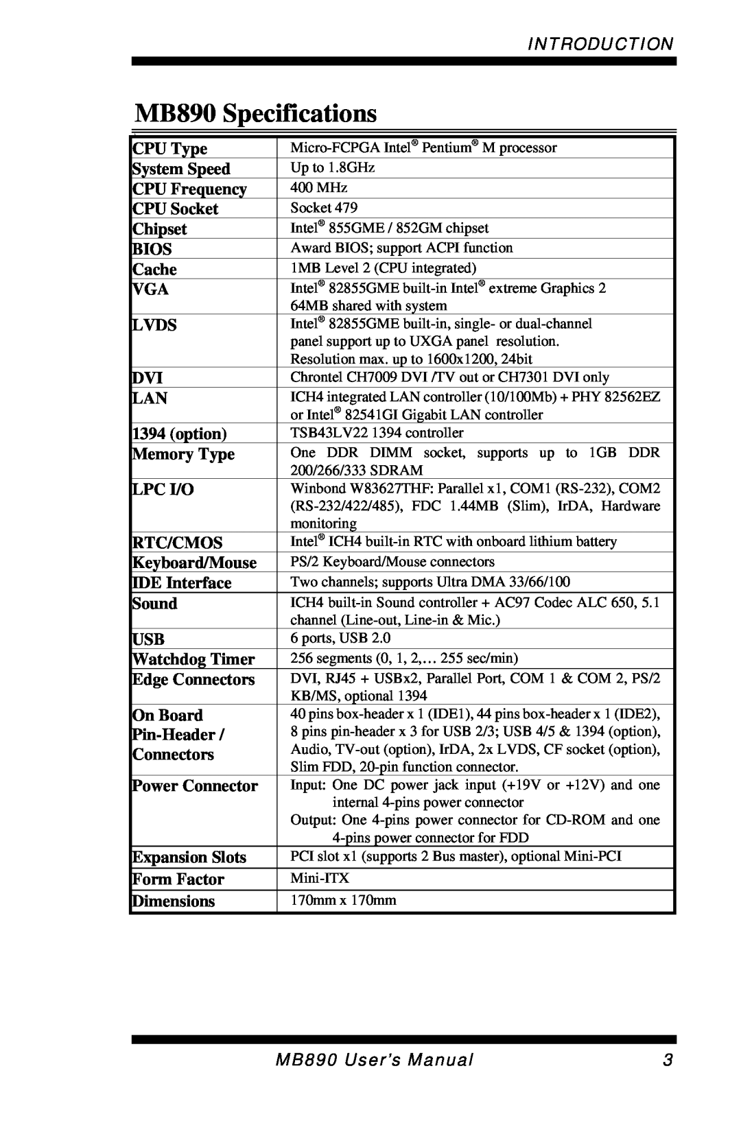 Intel user manual MB890 Specifications, Introduction 