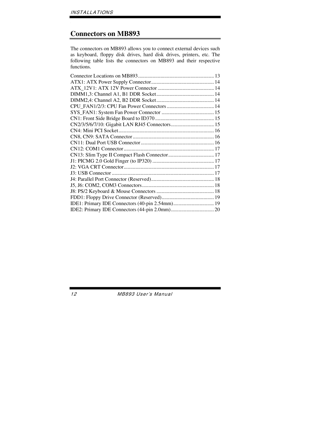 Intel user manual Connectors on MB893 