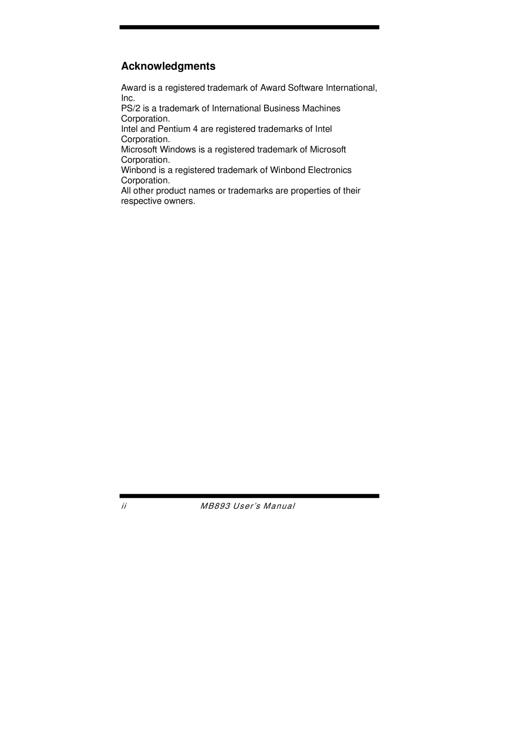 Intel MB893 user manual Acknowledgments 