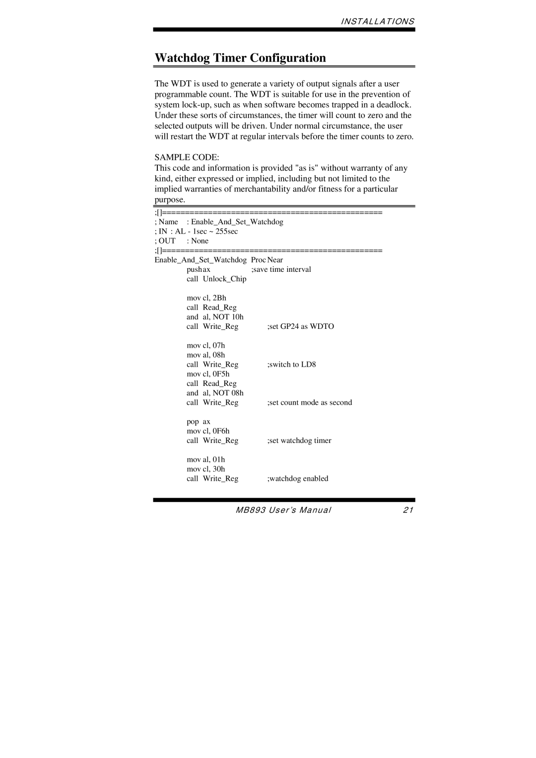 Intel MB893 user manual Watchdog Timer Configuration, Sample Code 