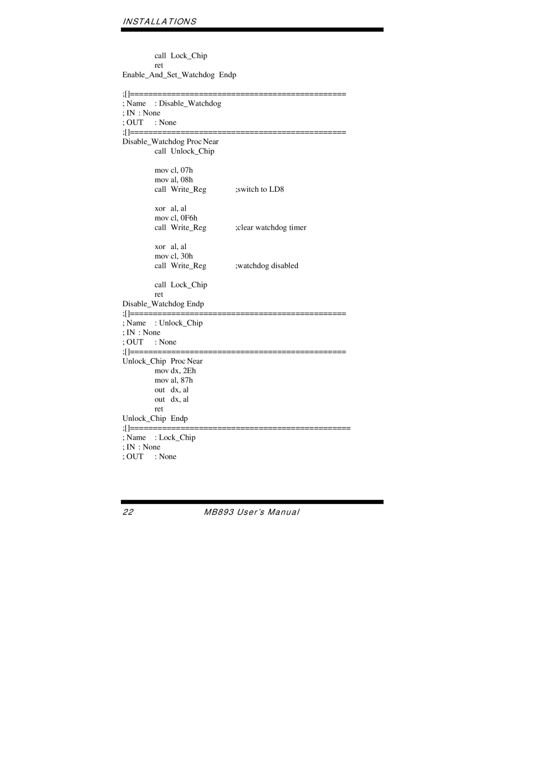 Intel MB893 user manual Call LockChip ret EnableAndSetWatchdog Endp 