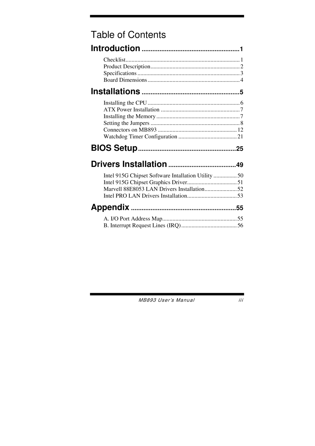 Intel MB893 user manual Table of Contents 